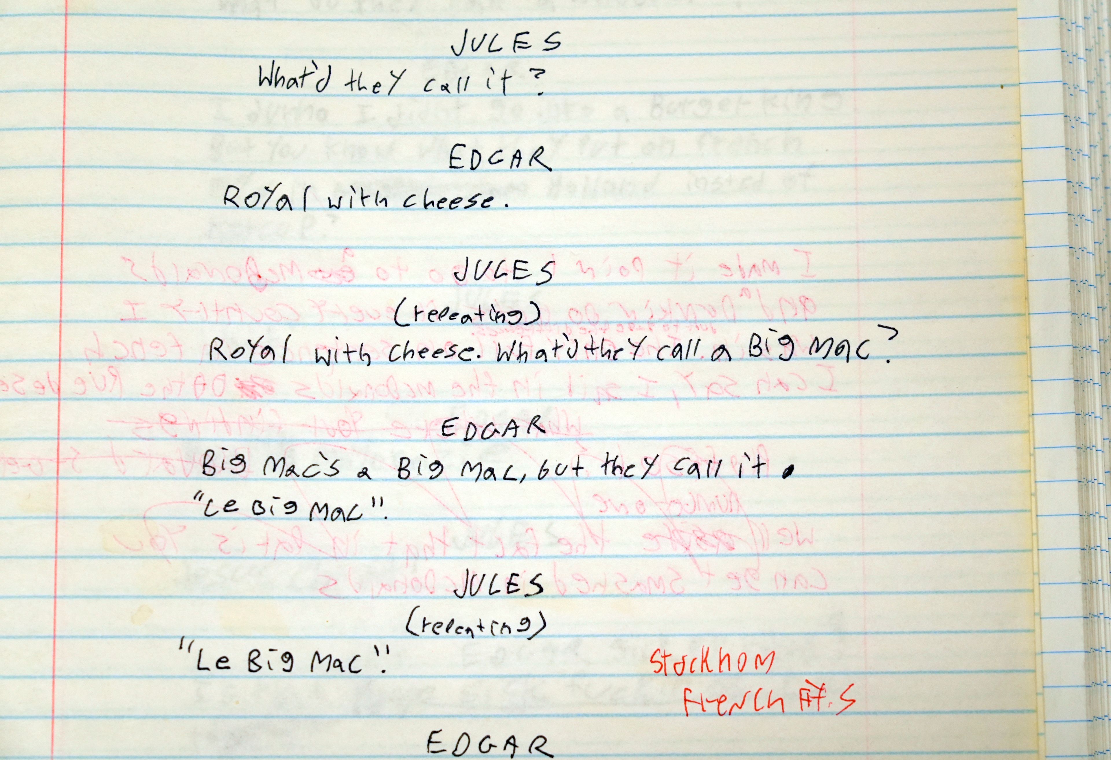 A page from writer/director Quentin Tarantino's handwritten script draft for his 1994 film "Pulp Fiction" is pictured on Tuesday, Oct. 29, 2024, at the Pickford Center for Motion Picture Study in Los Angeles. (AP Photo/Chris Pizzello)