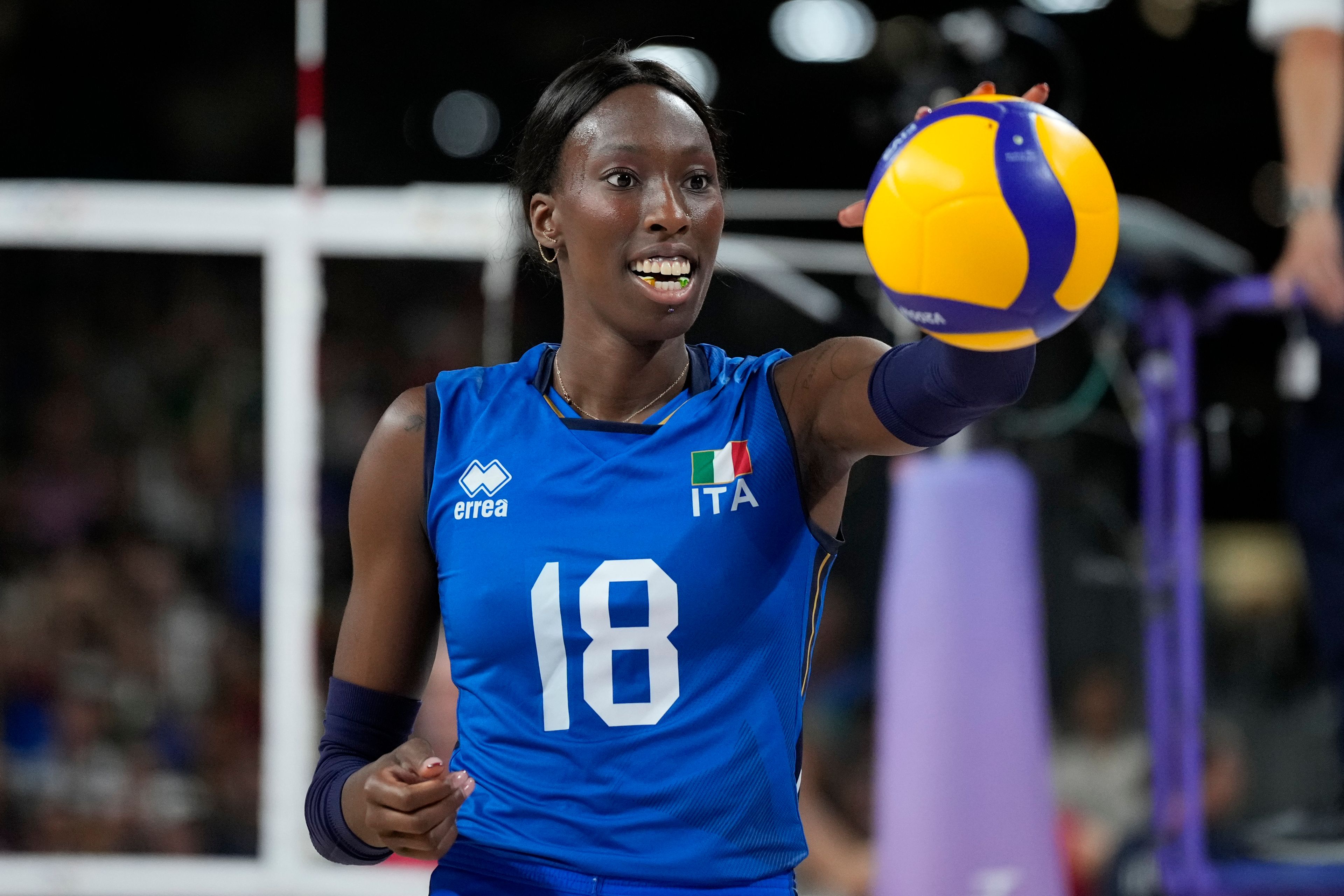 Paola Egonu of Italy takes the ball during a gold medal women's volleyball match between the United States of America and Italy at the 2024 Summer Olympics, Sunday, Aug. 11, 2024, in Paris, France. (AP Photo/Alessandra Tarantino)