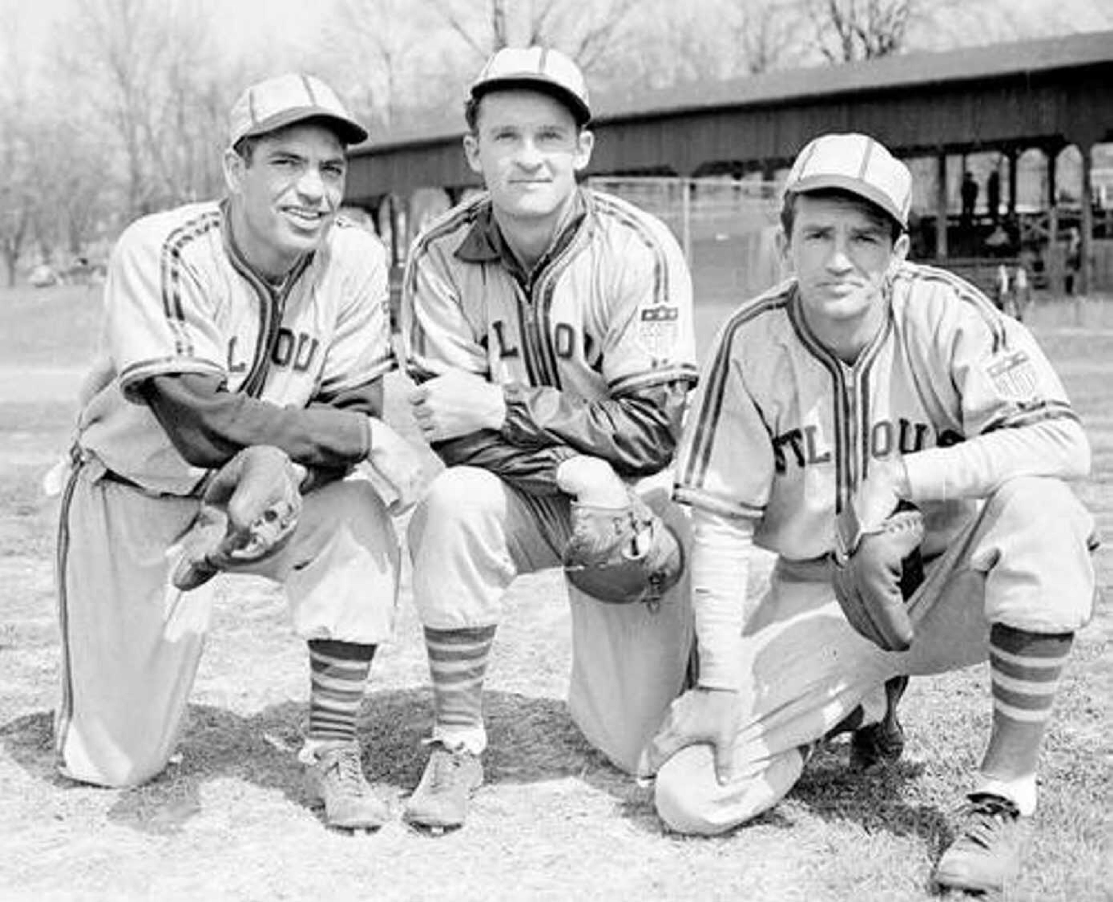 Three members of the St. Louis Browns baseball team pose in front of the old Fairground Park grandstand in this undated photo. Fairground Park is now called Capaha Park.