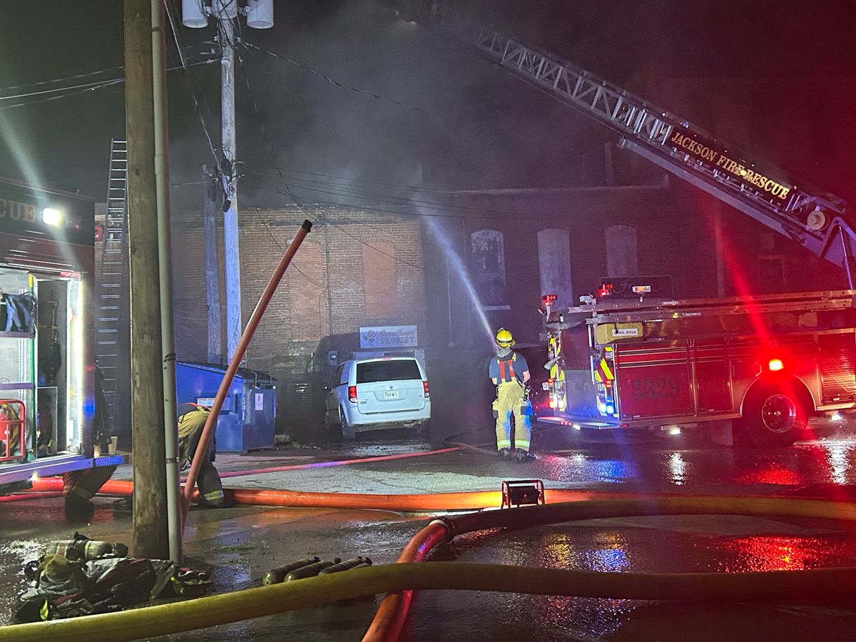 Firefighters battle fire at businesses in uptown Jackson