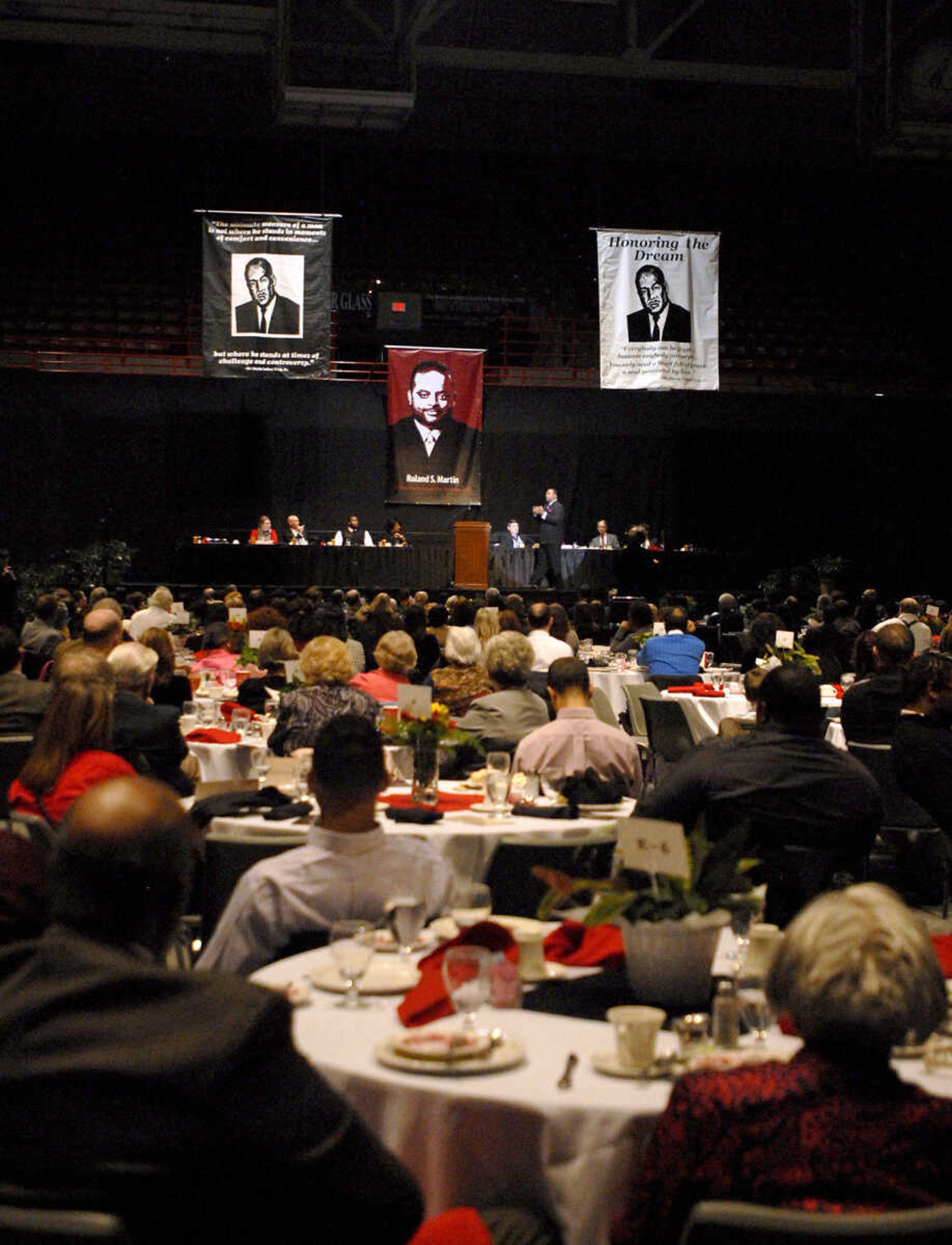 KRISTIN EBERTS ~ keberts@semissourian.com

Keynote speaker Roland Martin, an award-winning journalist and CNN contributor, addresses the crowd during the "Living the Spirit of the Dream" 2011 Dr. Martin Luther King, Jr. Celebration Dinner at the Show Me Center on Wednesday, Jan. 19.