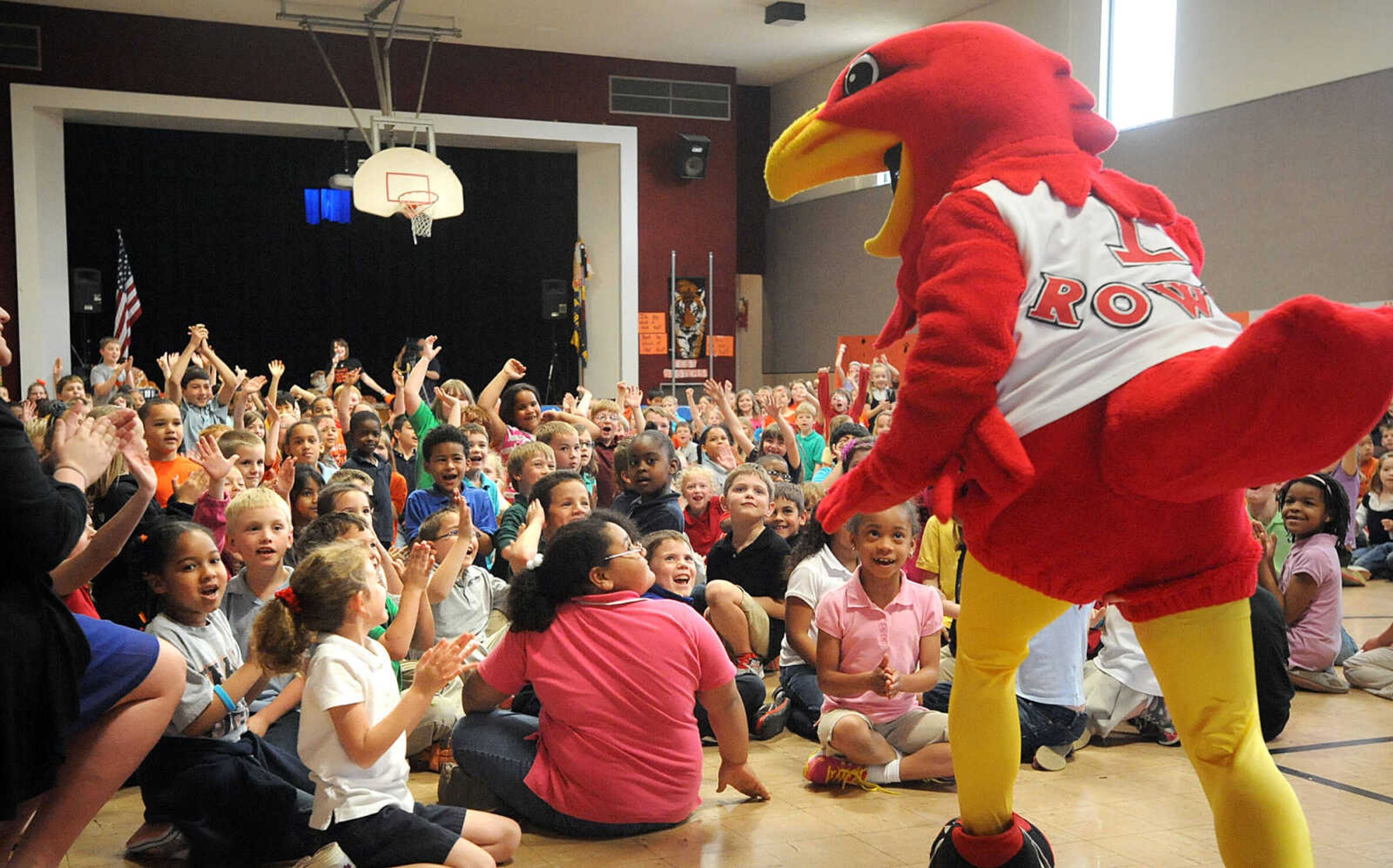 LAURA SIMON ~ lsimon@semissourian.com

Rowdy the Redhawk enters the Alma Schrader Elementary gym Monday, April 15, 2013 for the school's motivational pep rally in preparation for MAP testing.