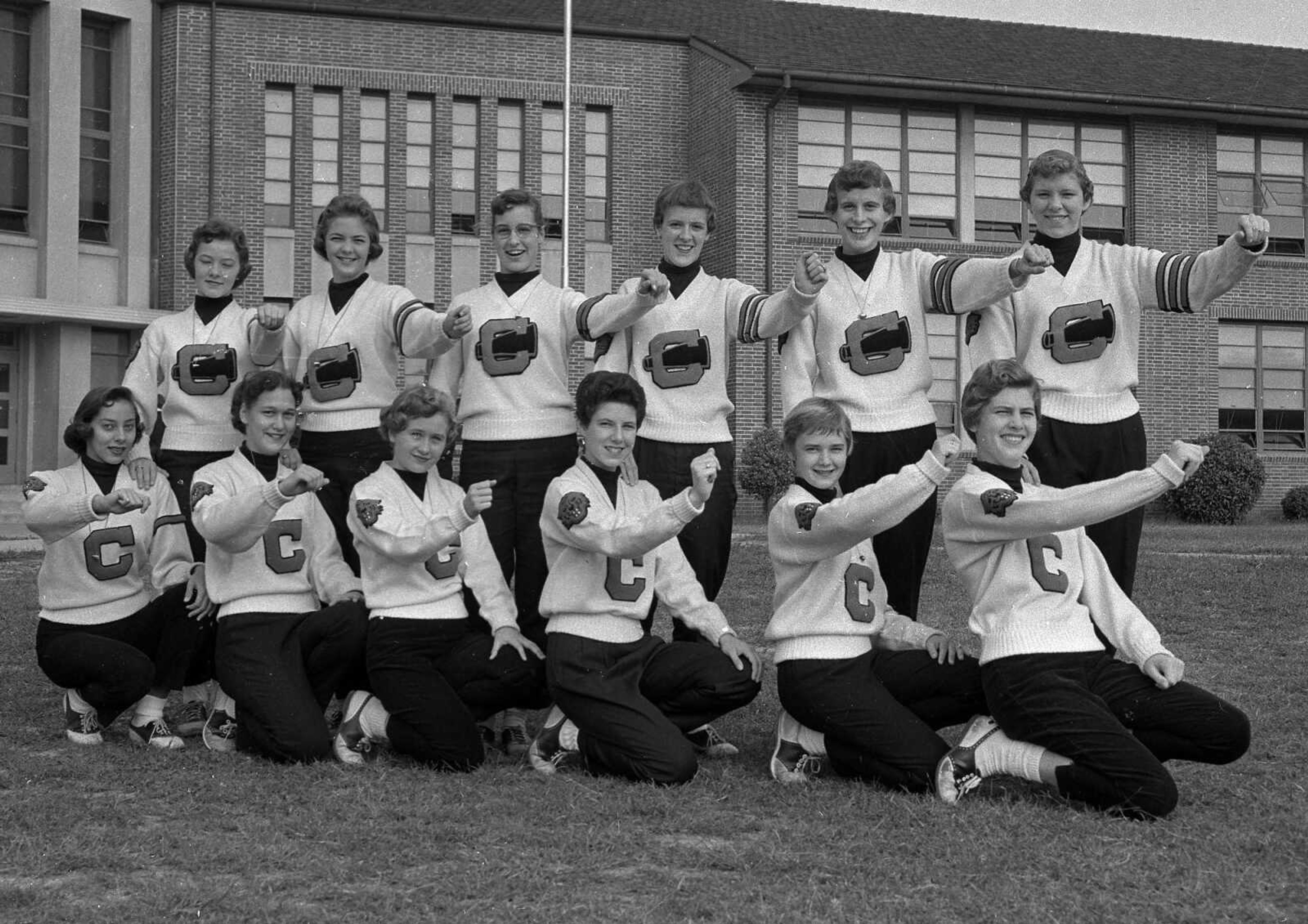 Oct. 10, 1957 Southeast Missourian.
Cheers for the Tigers! This group of cheerleaders can really stir up the enthusiasm for Central High School’s athletic teams. From the left, standing: Marcia Rudert, Gwenie Call, Emily Brennecke, Sue Suedekum, Judi Mahan and Martha Pierce; kneeling: Diana Francis, Margaret Hope, Judy Boyd, Pam Nett, Ramelle Collie and Judy Roper. (G.D. Fronabarger/Southeast Missourian archive)