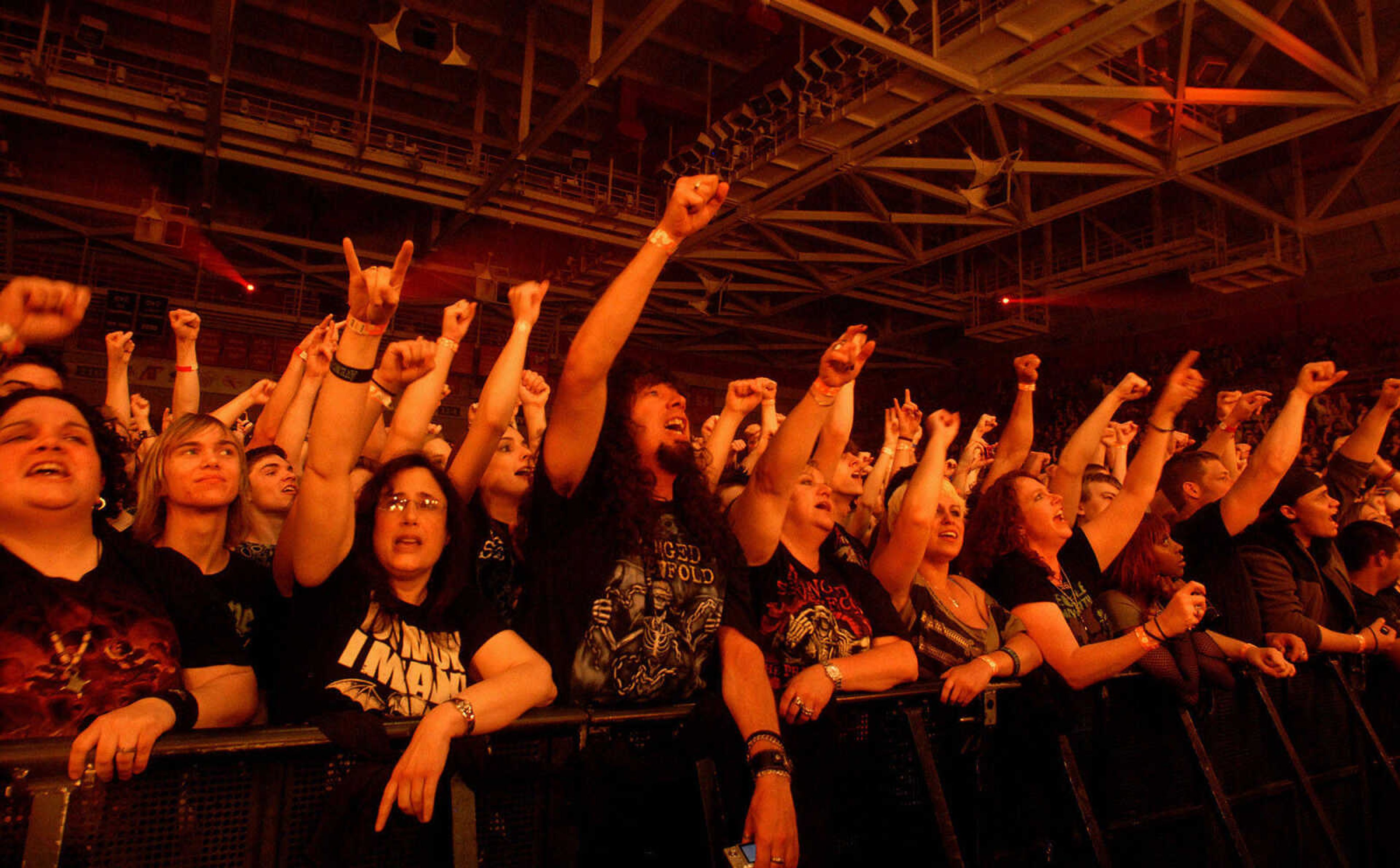 LAURA SIMON~lsimon@semissourian.com
Fans rock out to Avenged Sevenfold as they perform during the "Welcome to the Family" tour at the Show Me Center Monday, April 25, 2011. Sevendust and Three Days Grace also performed during the tour Monday night.