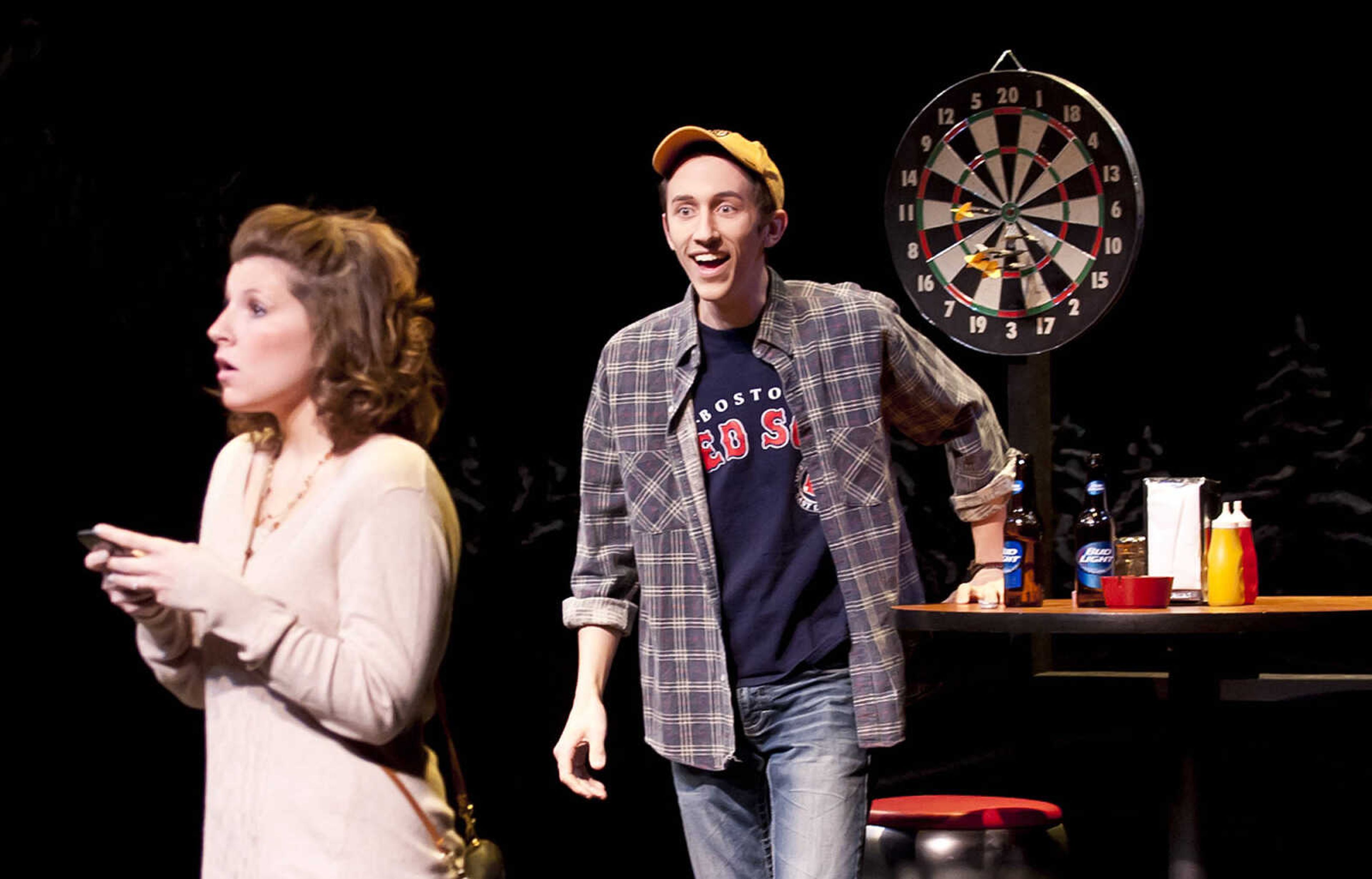 Maclin Schweger, right, and Allison Wolz perform as Jimmy and Sandrine during the Southeast Missouri State University Department of Theatre and Dance production of "Almost, Maine," Wednesday, March 26, at the Rust Flexible Theatre. The comedic play by John Cariani consists of several short scenes set at nine p.m. on a Winter Friday night in the fictional northern Maine town of Almost. The production runs through Sunday.