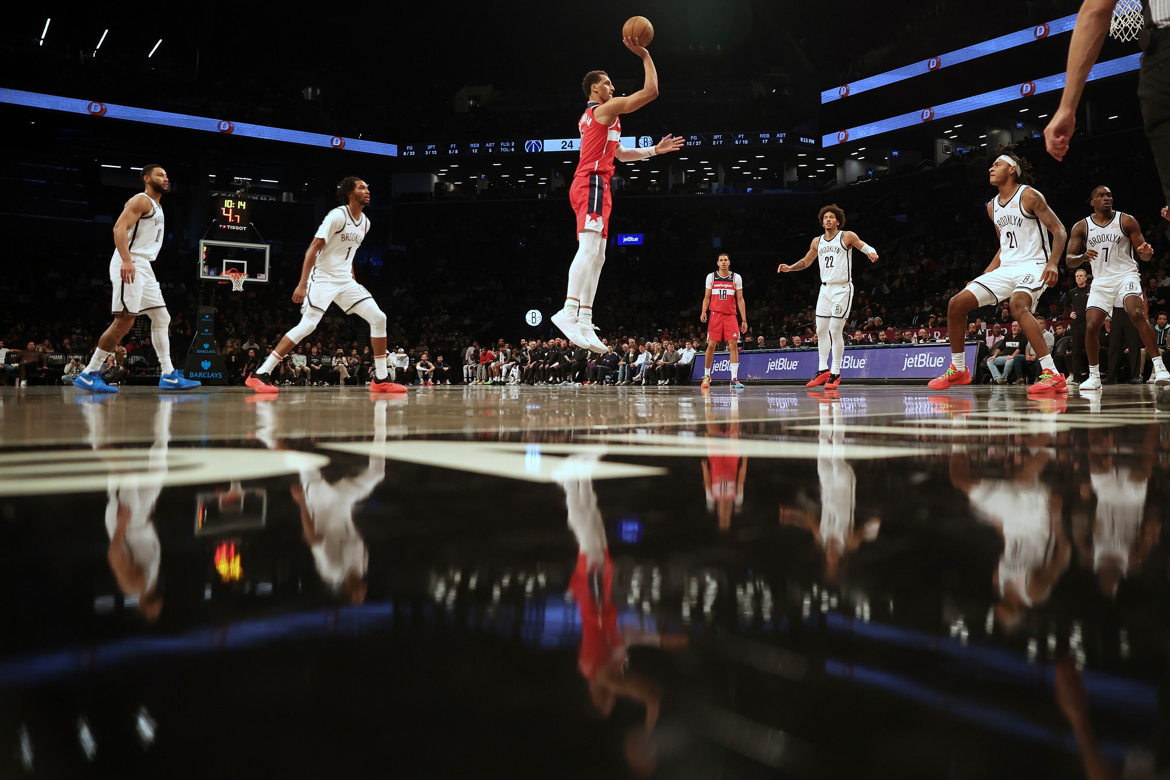 Washington Wizards forward Patrick Baldwin Jr. puts up a floater in the first half during a preseason NBA basketball game against the Brooklyn Nets, Monday, Oct. 14, 2024, in New York. (AP Photo/Heather Khalifa)