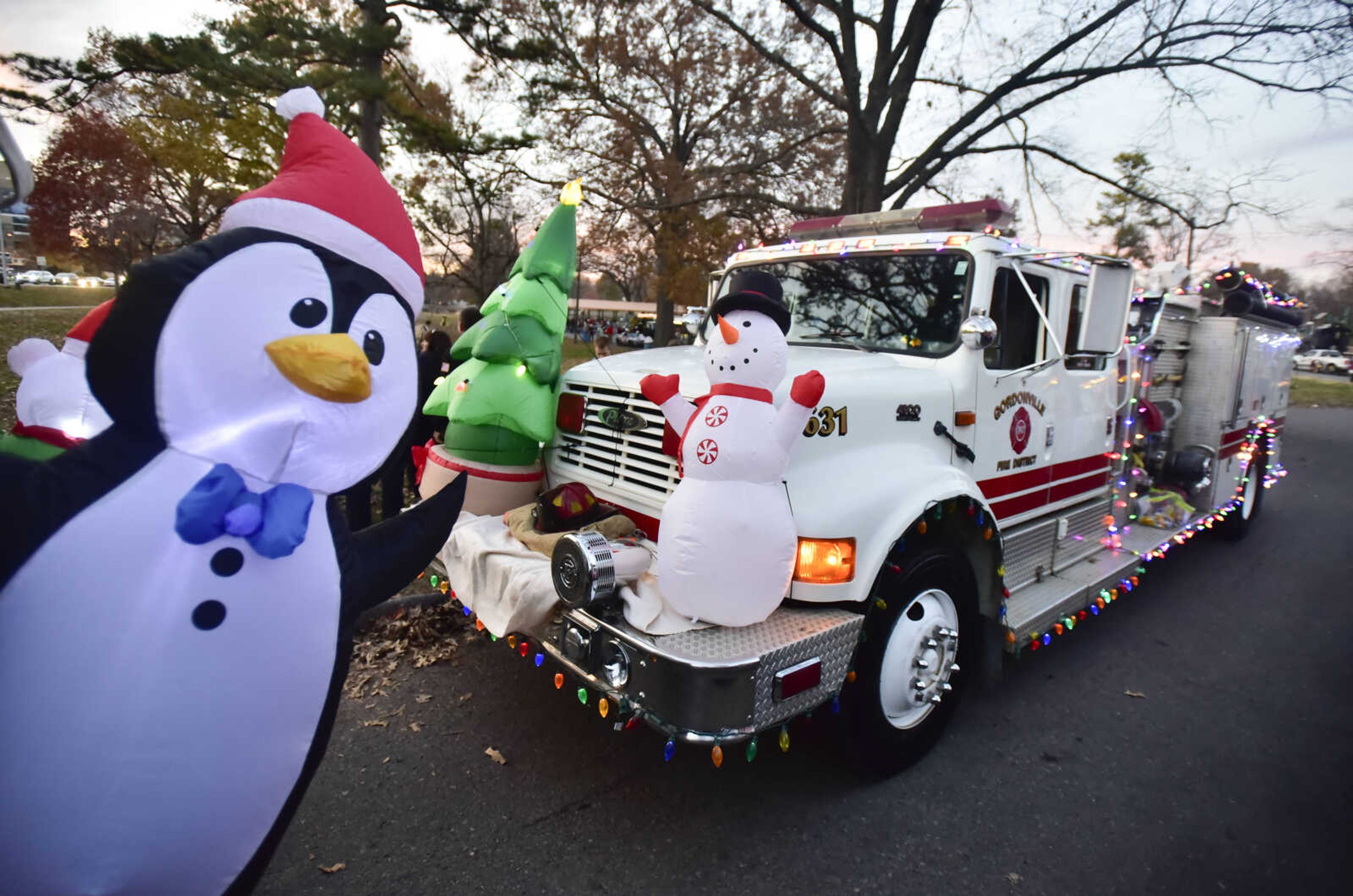 Christmas lights and inflatables decorate fire engines at the start of the 26th annual Parade of Lights Nov. 26, 2017, in Cape Girardeau.