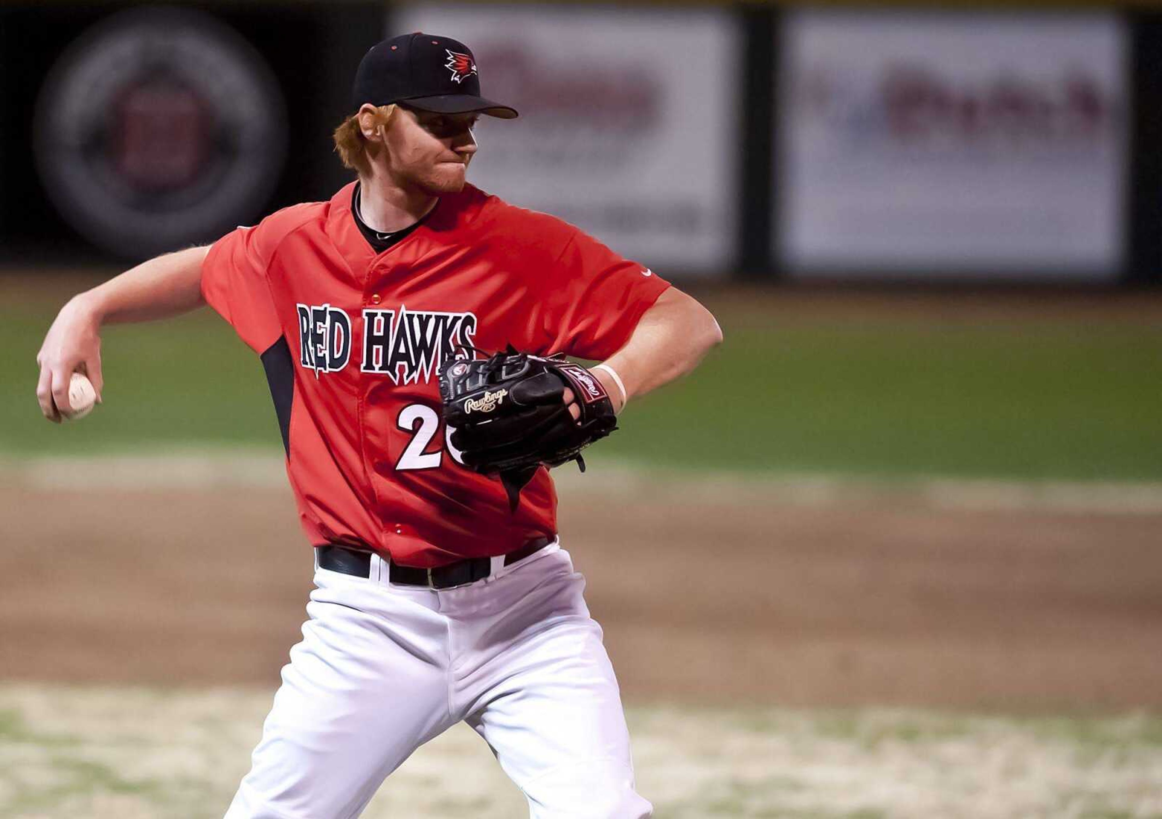 Southeast Missouri State pitcher Alex Siddle throws out Arkansas State&#8217;s Zach Maggio on a ground ball back to the mound during the eight inning Tuesday at Capaha Field. Southeast won 7-0. (Adam Vogler)