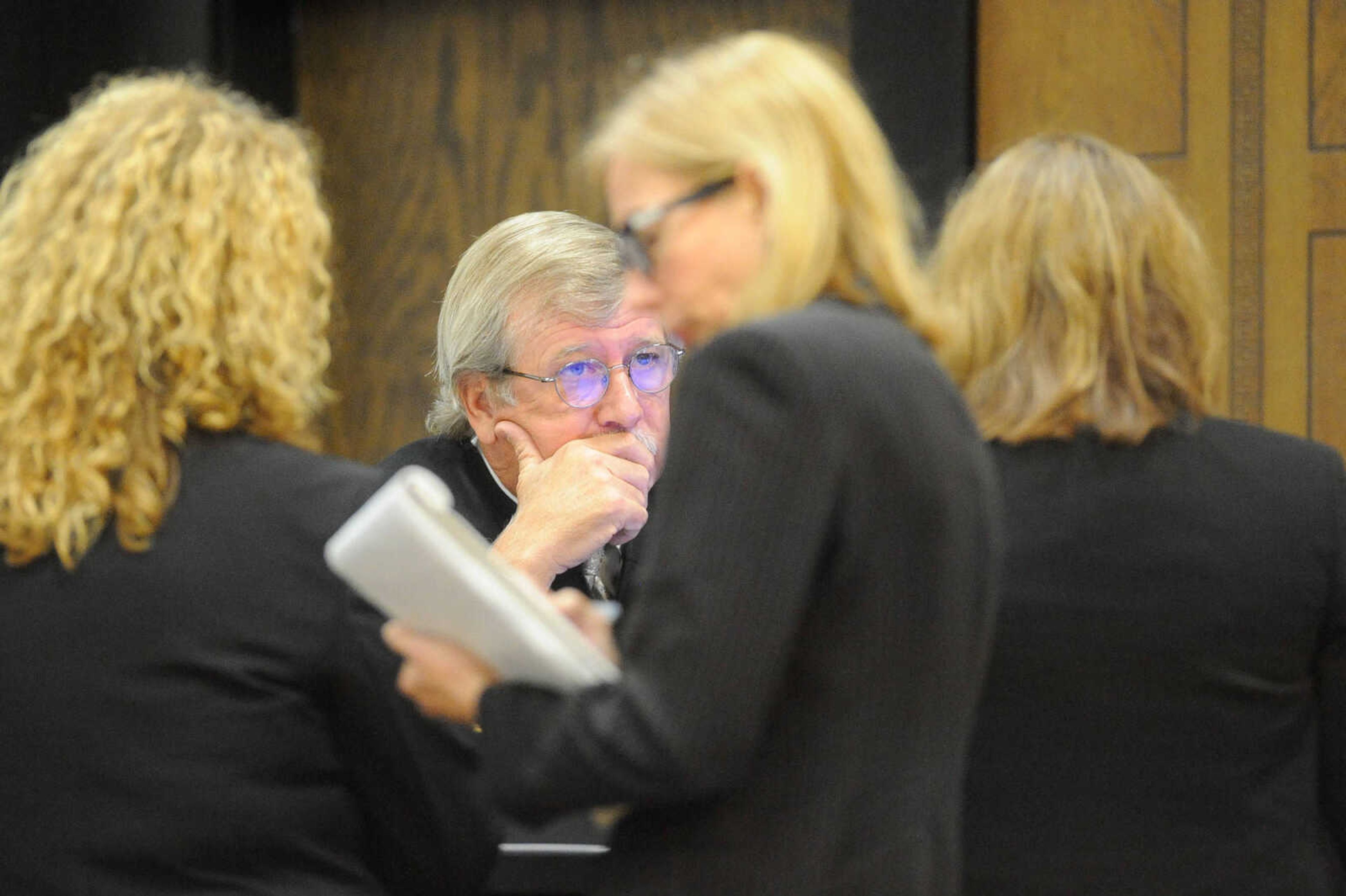 GLENN LANDBERG ~ glandberg@semissourian.com


Judge Benjamin Lewis has a conference at the bench with Cape Girardeau County assistant prosecuting attorney, Angel Woodruff, left, and defense attorneys Sharon Turlington and Cynthia Dryden during George Joseph's double-murder trial, Thursday, July 23, 2015, at the Cape Girardeau County Courthouse in Jackson, Missouri. Joseph was found guilty of 2 counts of first-degree murder.