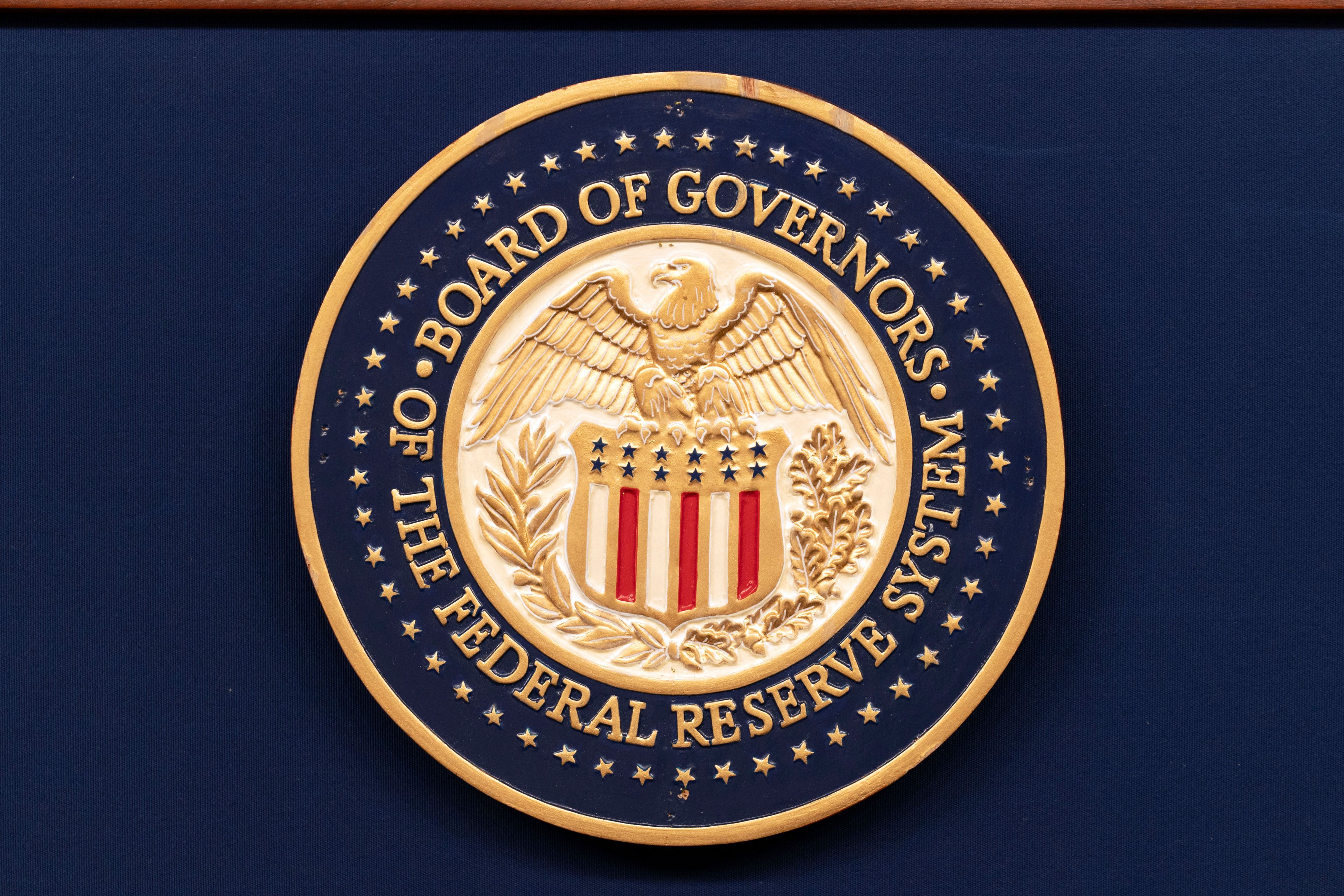 FILE - The seal of The Federal Reserve System is seen during a news conference by Federal Reserve Board Chairman Jerome Powell at the Federal Reserve Board Building on July 31, 2024, in Washington. (AP Photo/Jose Luis Magana, File)