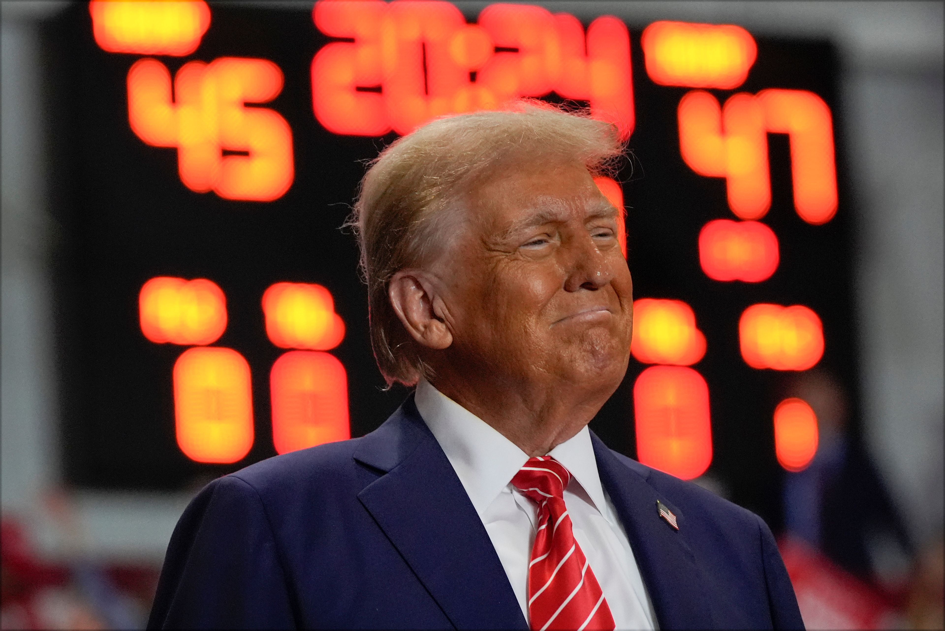 Republican presidential nominee former President Donald Trump arrives at a campaign rally at Rocky Mount Event Center, Wednesday, Oct. 30, 2024, in Rocky Mount, N.C. (AP Photo/Julia Demaree Nikhinson)