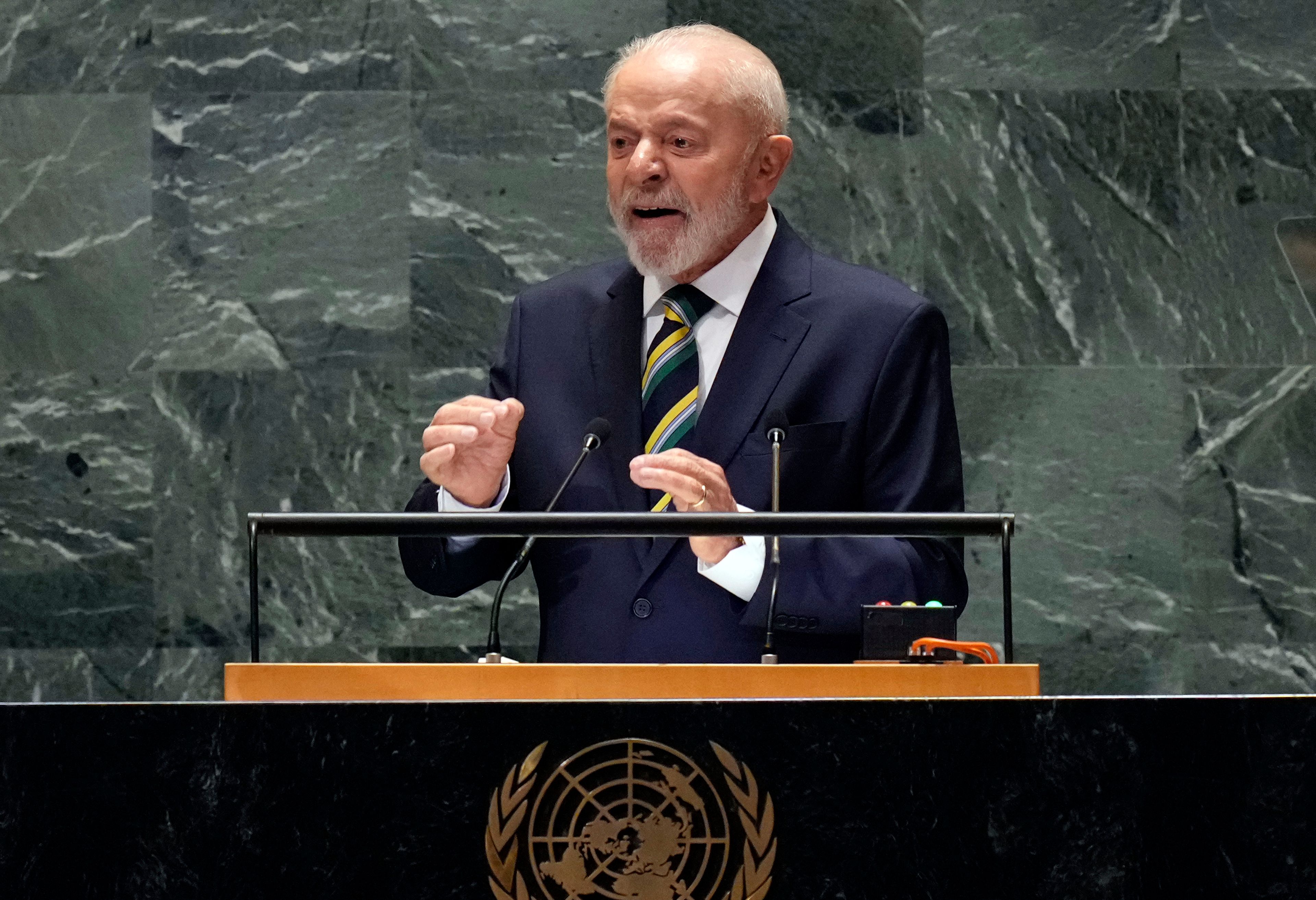 Brazil President Luiz Inacio Lula da Silva addresses the 79th session of the United Nations General Assembly, Tuesday, Sept. 24, 2024. (AP Photo/Richard Drew)