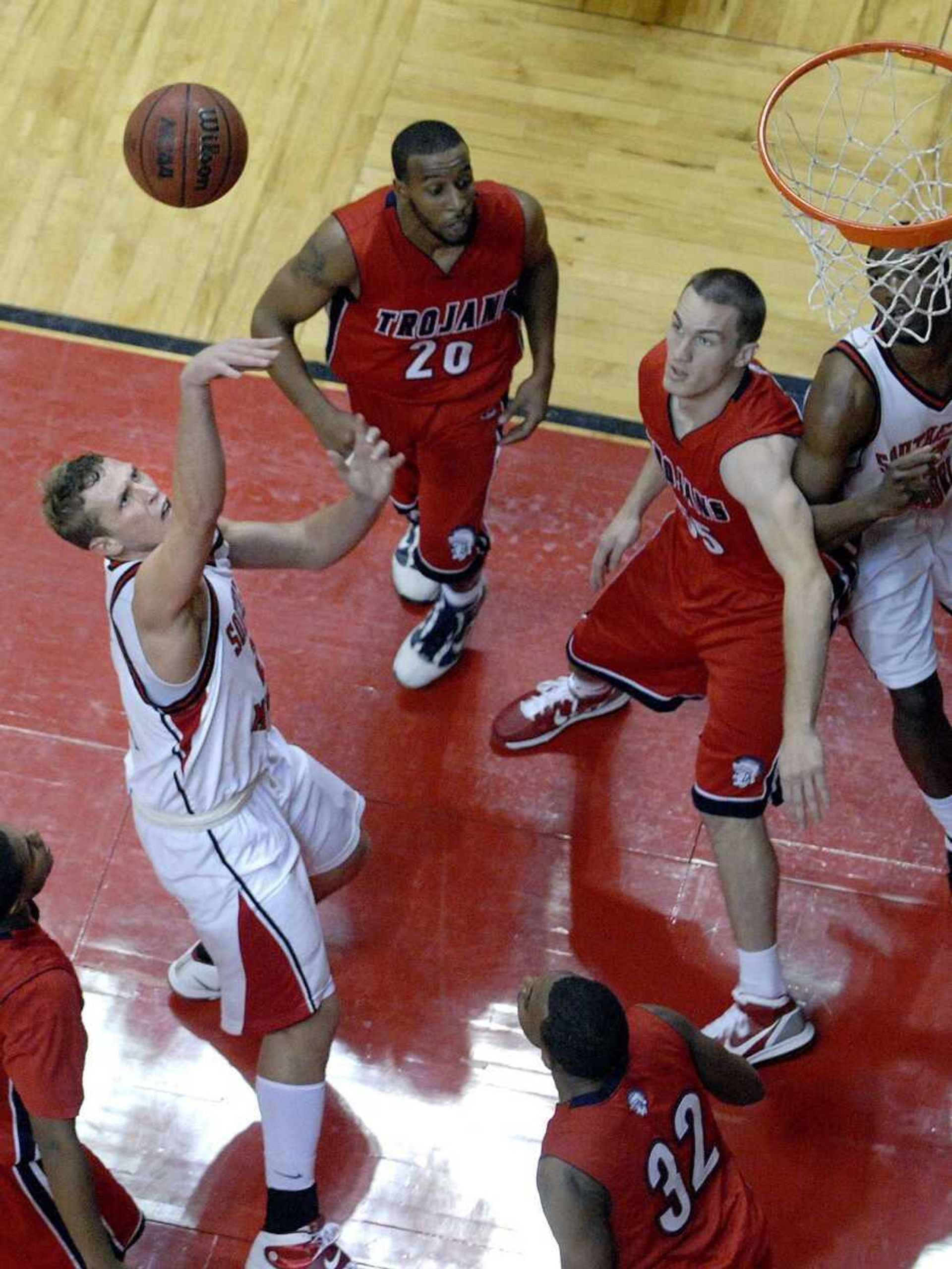 Southeast junior Nate Schulte puts up a shot against Hannibal-LaGrange during Saturday's game.