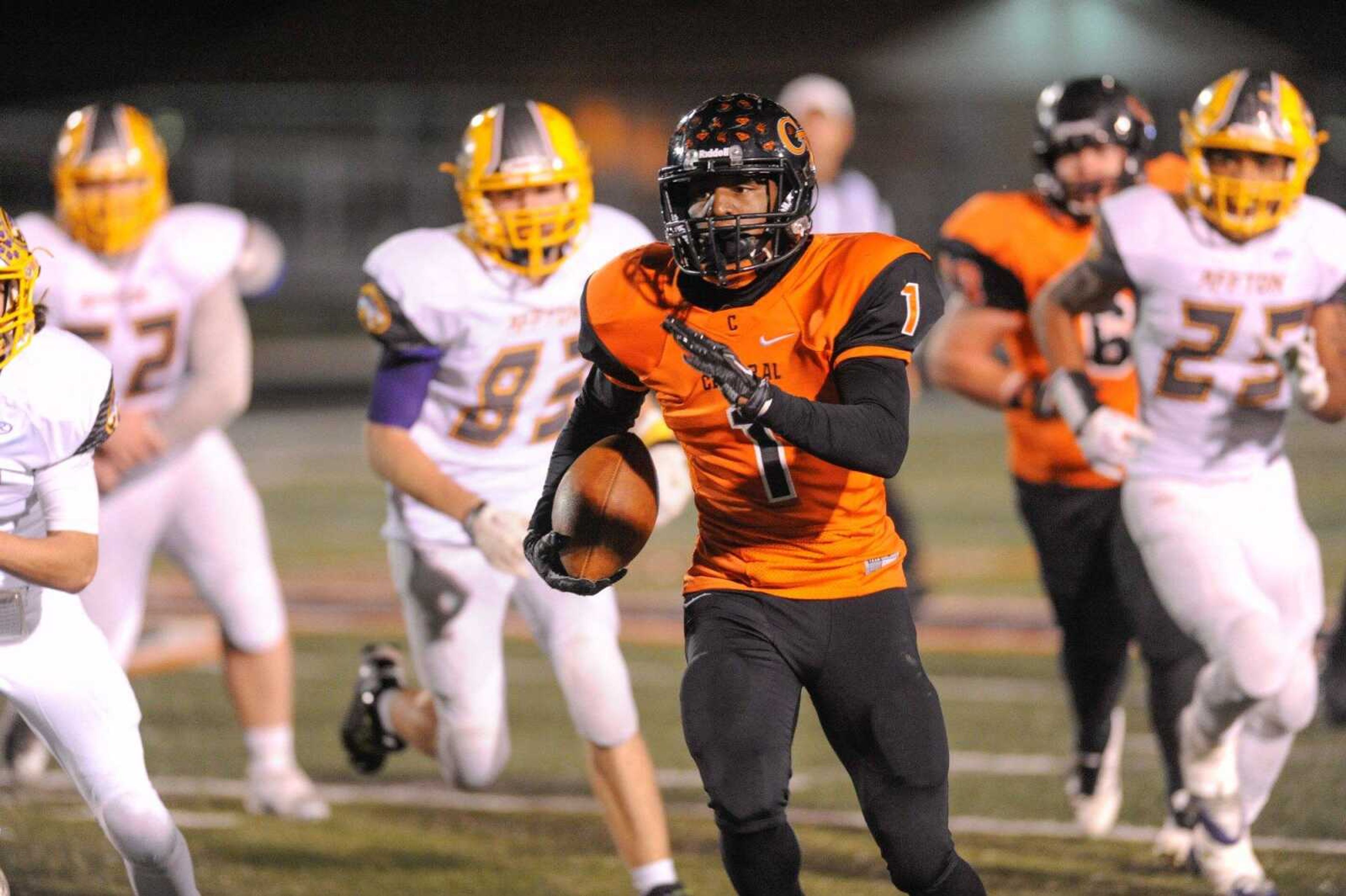 Cape Central's Al Young carries the ball during the third quarter of a Class 4 state quarterfinal against Affton on Nov. 13 at Cape Central High School. The Tigers won 54-28 and advanced to their third straight final four.