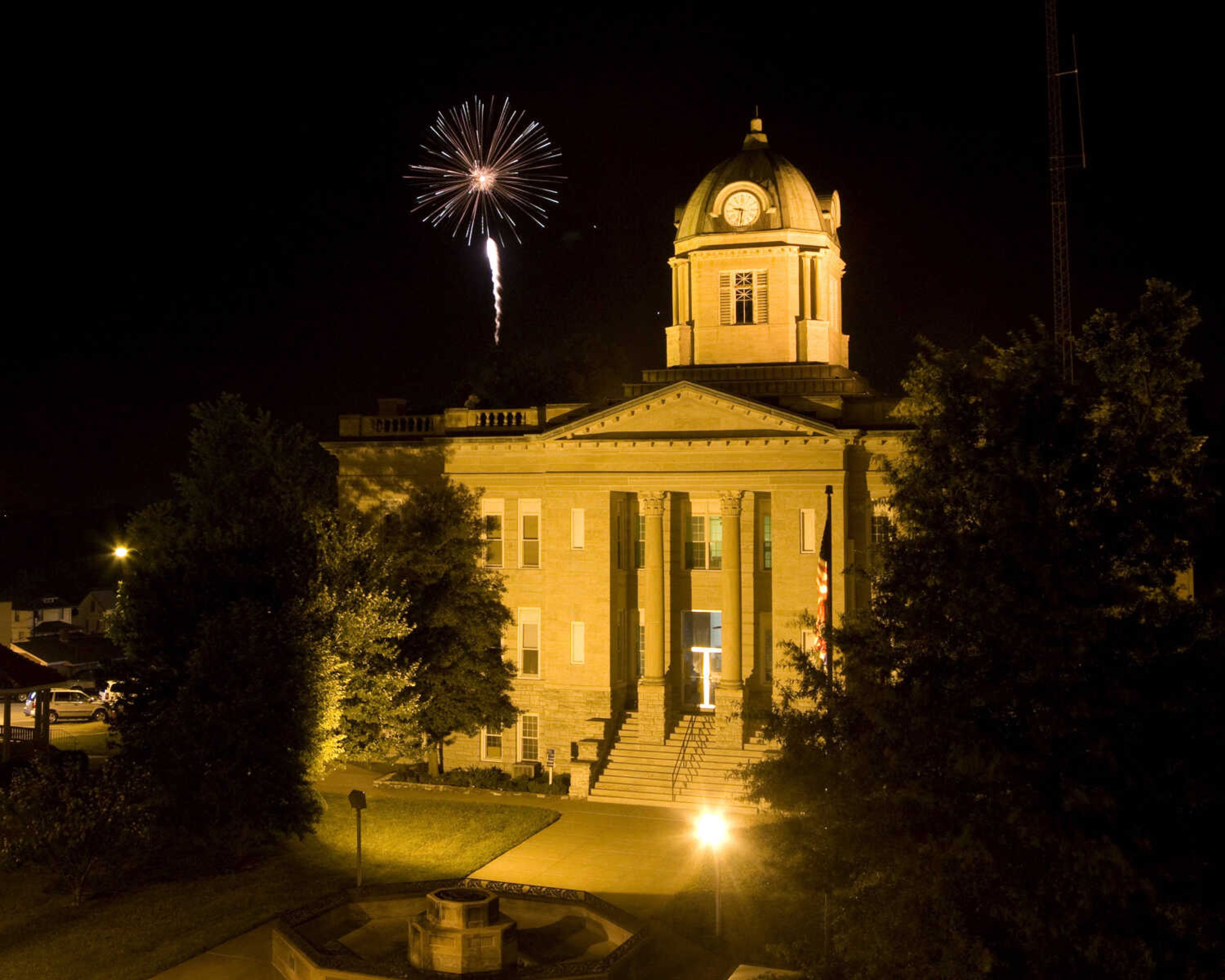 Fireworks seen over the Cape Girardeau County courthouse in Jackson, photographed from the roof of The Andrew Jackson.