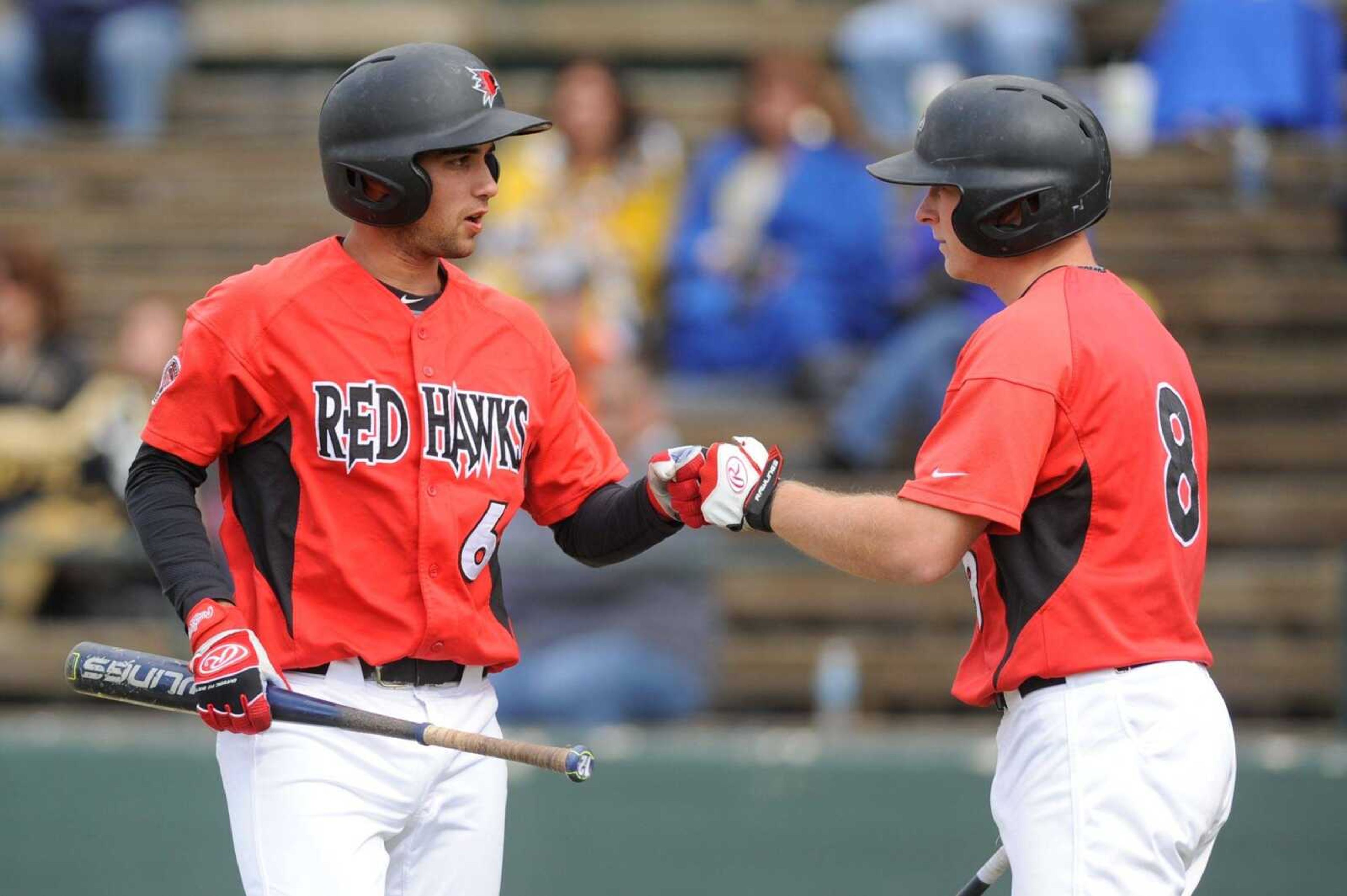 Southeast Missouri State's Dan Holst, right, and Scott Mitchell celebrate during a win against Morehead State earlier this season at Capaha Field.