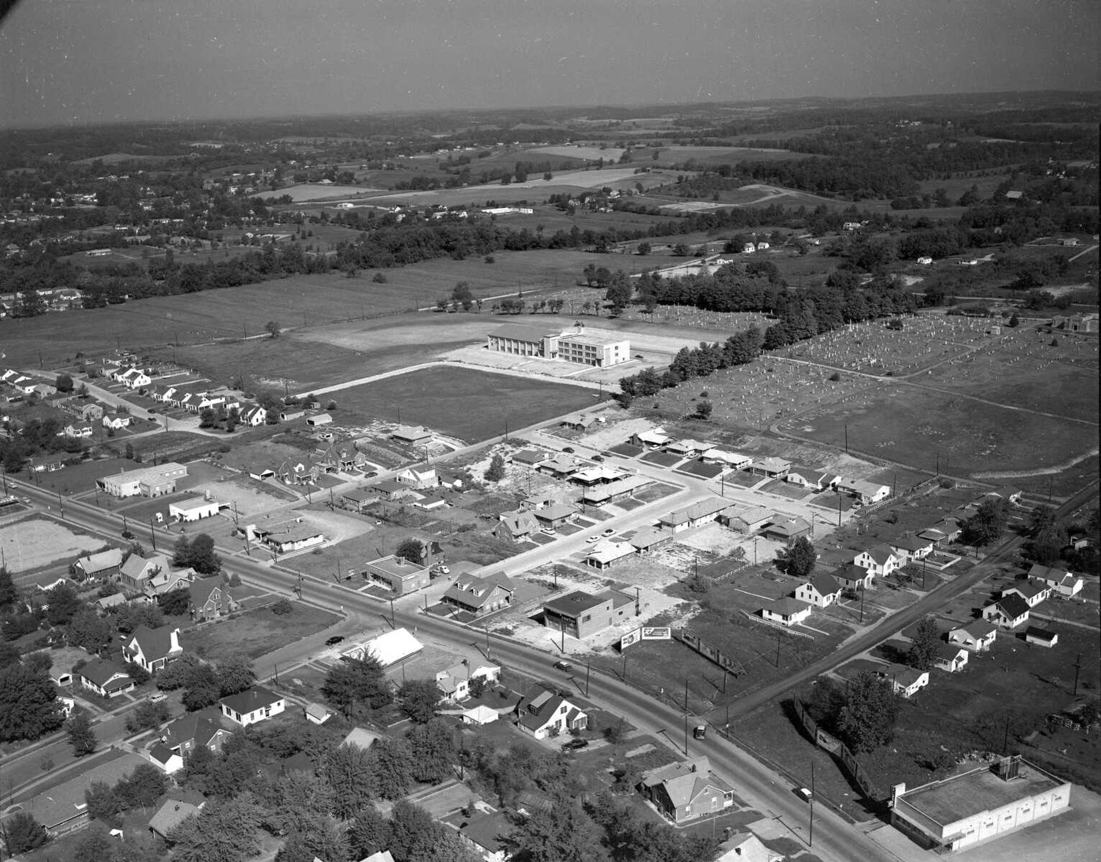 Broadway near Caruthers. Old Notre Dame High School is in the background.