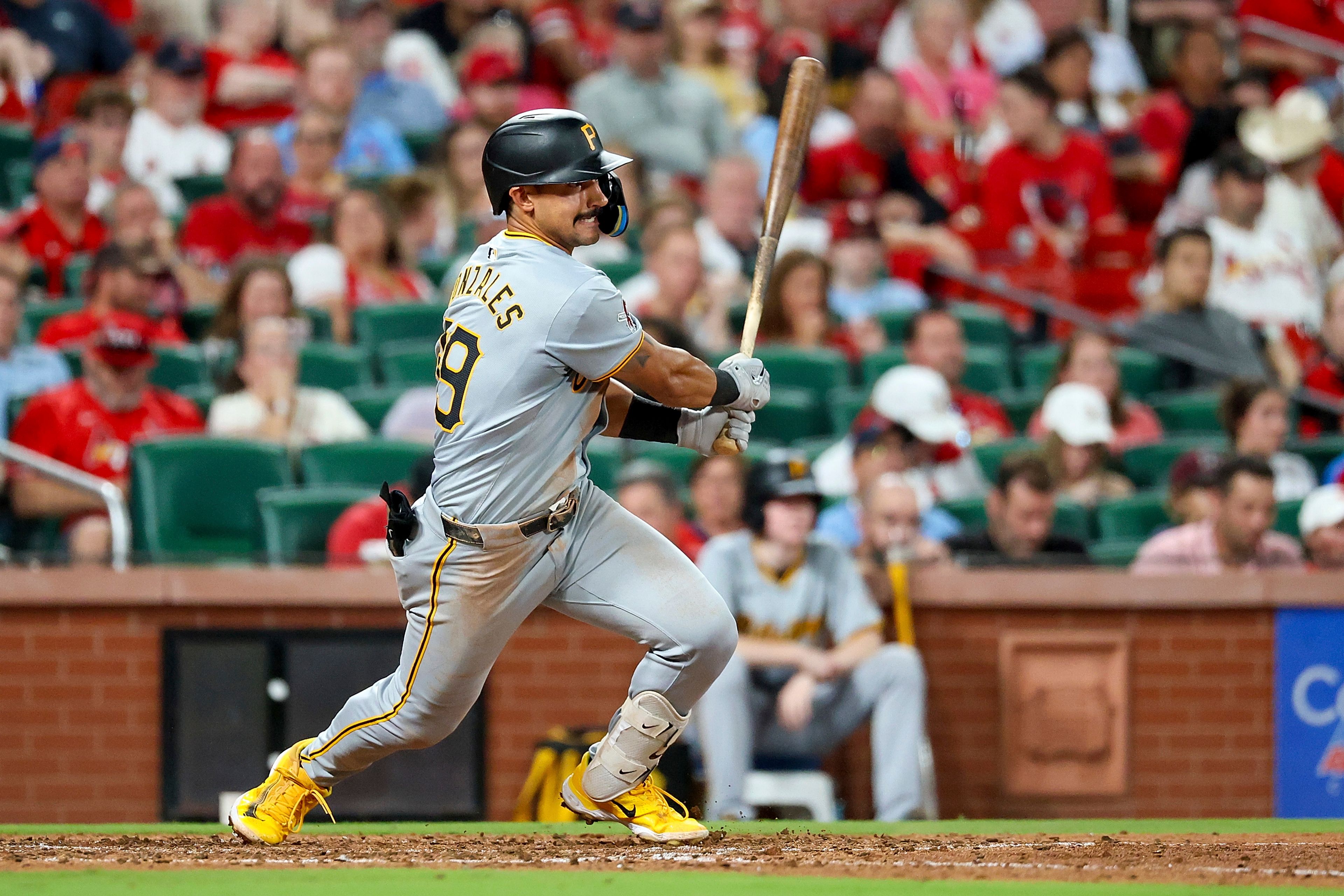 Pittsburgh Pirates' Nick Gonzales hits an RBI single during the eighth inning of a baseball game against the St. Louis Cardinals, Thursday, Sept. 19, 2024, in St. Louis. (AP Photo/Scott Kane)