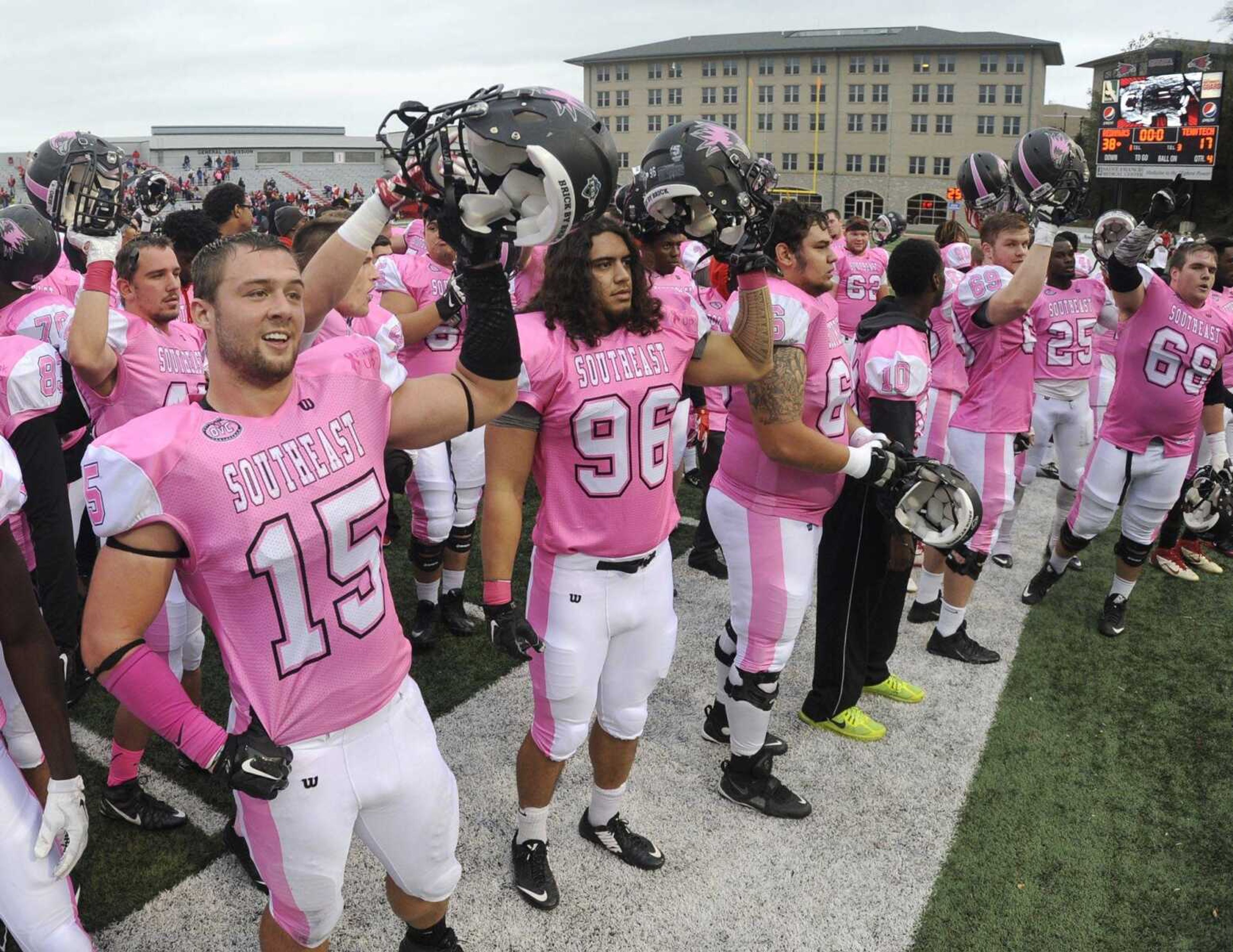 Southeast Missouri State players salute the fans after their 38-17 victory over Tennessee Tech Saturday, Oct. 31, 2015 at Houck Stadium. (Fred Lynch)