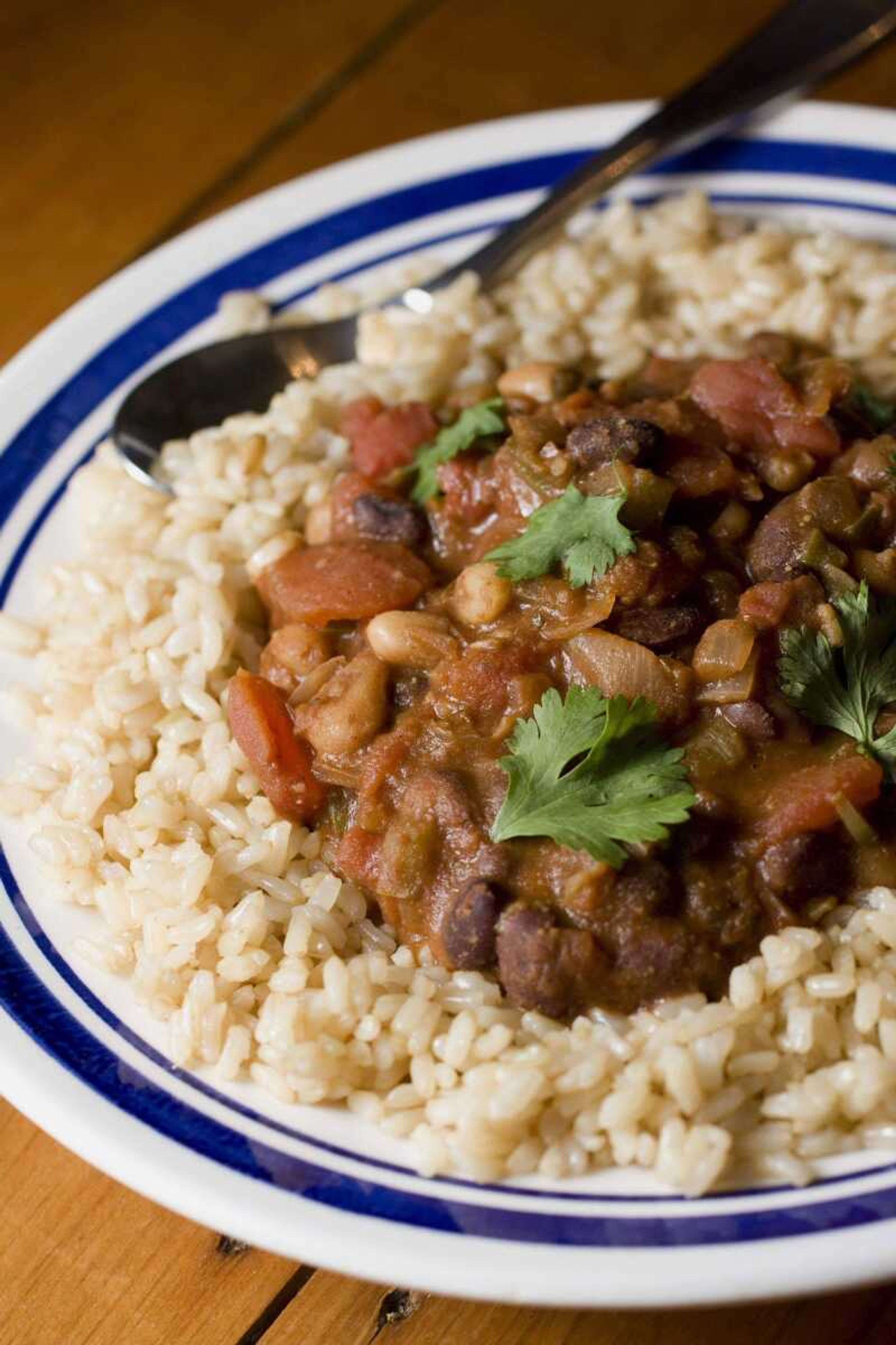 Larry Crowe ~ Associated Press<br>Mixed bean chili and brown rice is not only a healthy meal, taking advantage of high-fiber, low-fat beans, but is also economical while being filling.