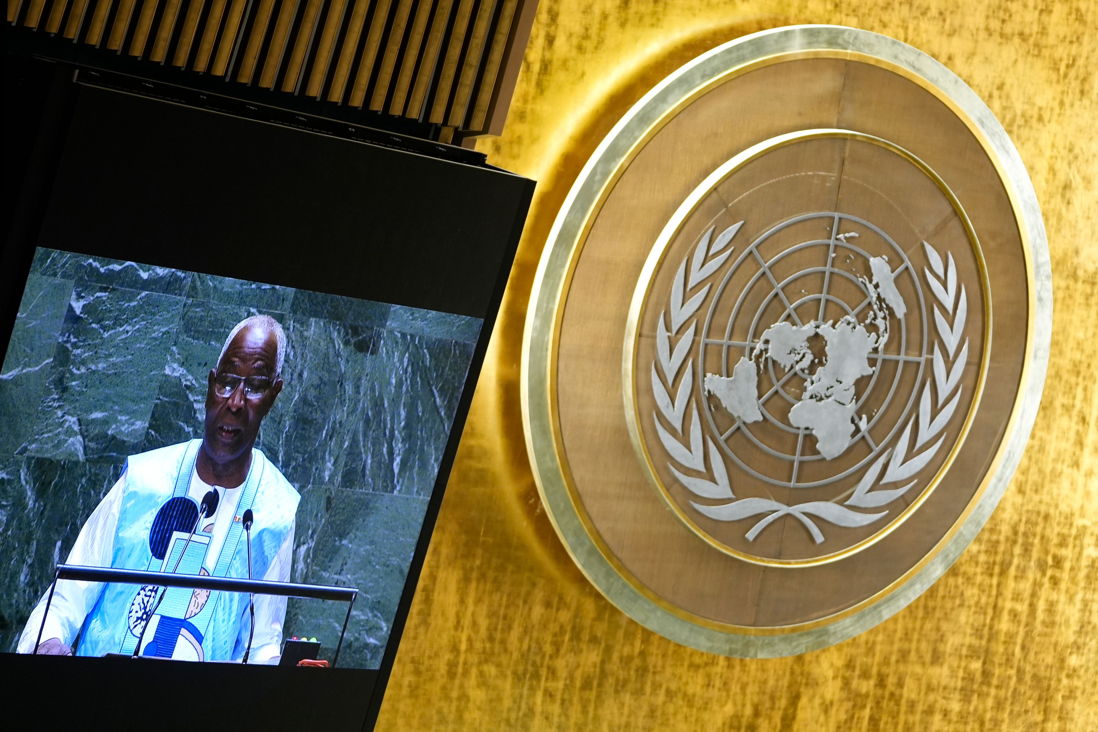 Guinea's Prime Minister Amadou Oury Bah addresses the 79th session of the United Nations General Assembly, Saturday, Sept. 28, 2024. (AP Photo/Pamela Smith)