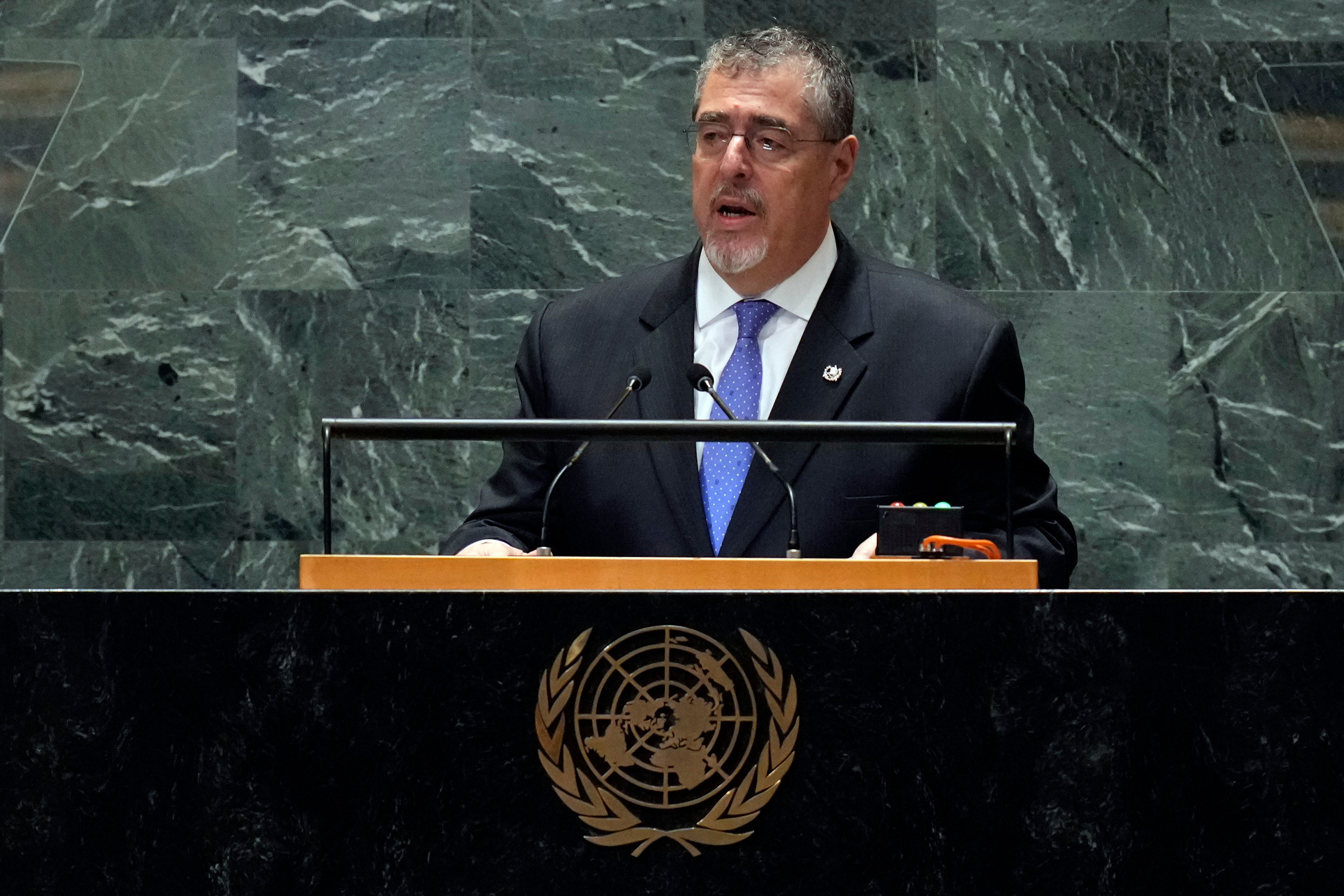 Guatemala President Cesar Bernardo Arevalo de Leon addresses the 79th session of the United Nations General Assembly, Tuesday, Sept. 24, 2024. (AP Photo/Richard Drew)