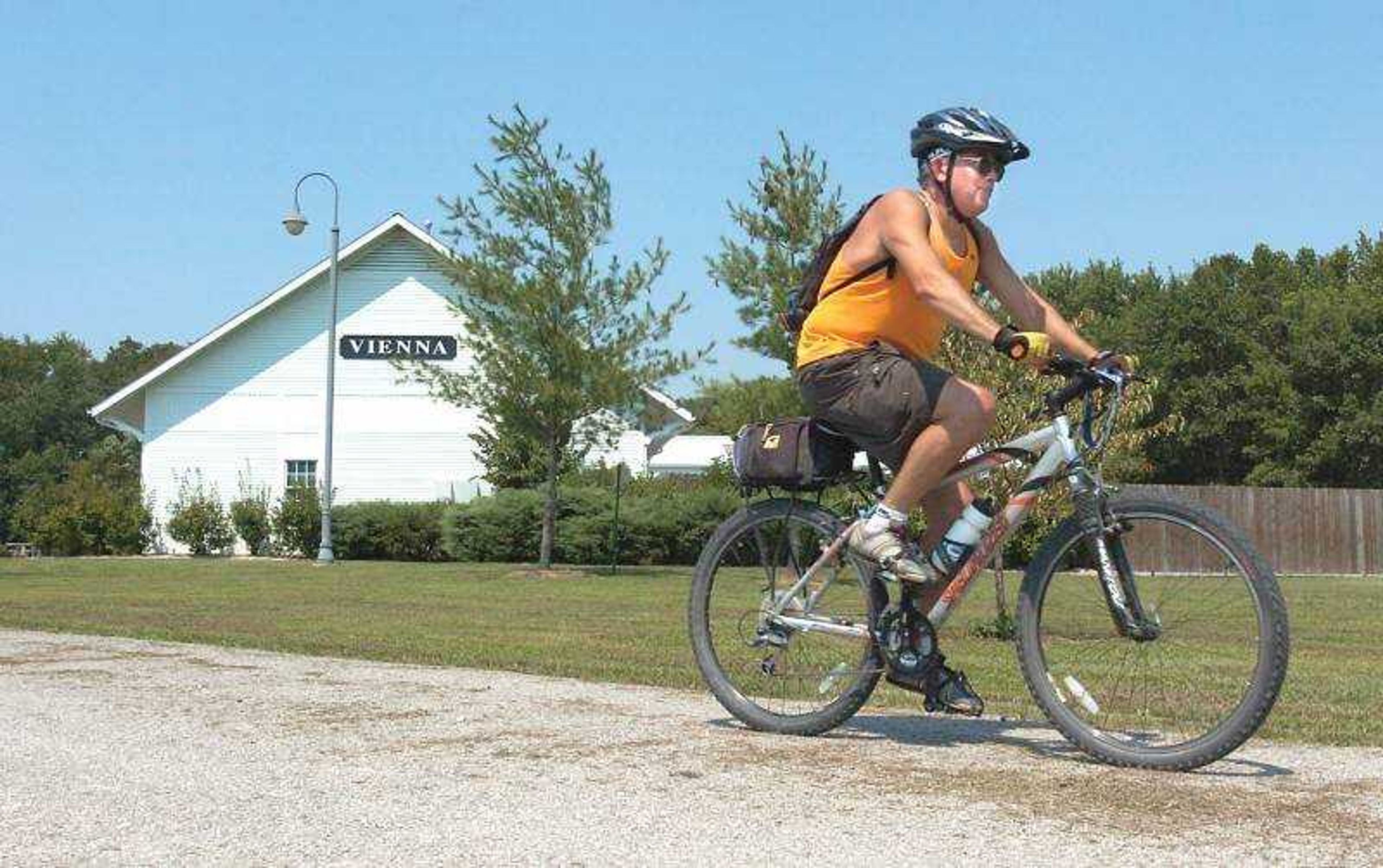 Fernando Mercado of Warrenville, Ill. got back on the Tunnel Hill State Trail after stopping for lunch at the visitors center in Vienna, Ill. on Thursday. (Fred Lynch)