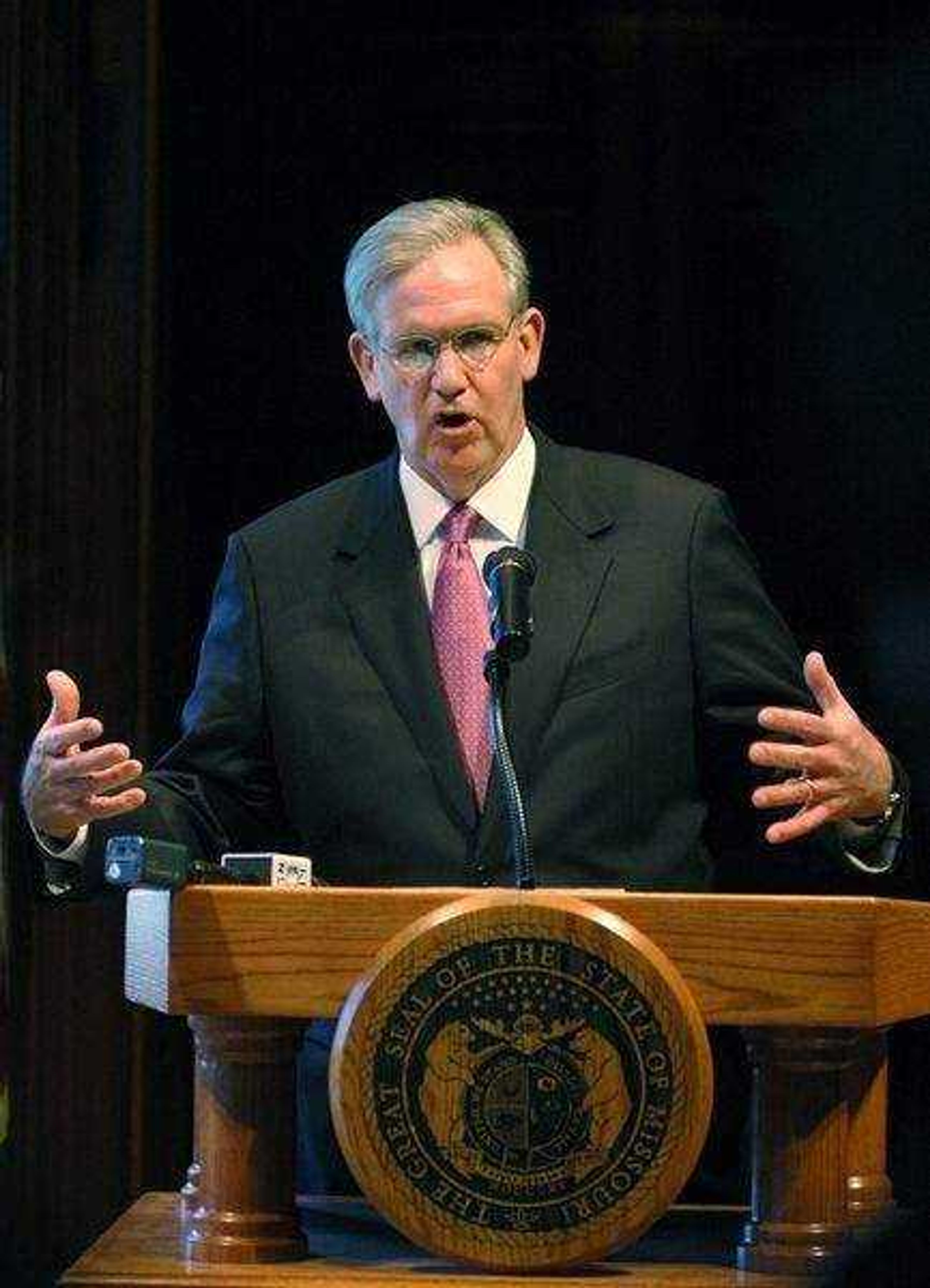 Gov. Jay Nixon talks to reporters during his first news conference as Missouri's governor Tuesday, Jan. 13, 2009, in Jefferson City, Mo. Nixon announced a plan to freeze tuition at public universities Wednesday. (AP Photo/Kelley McCall)