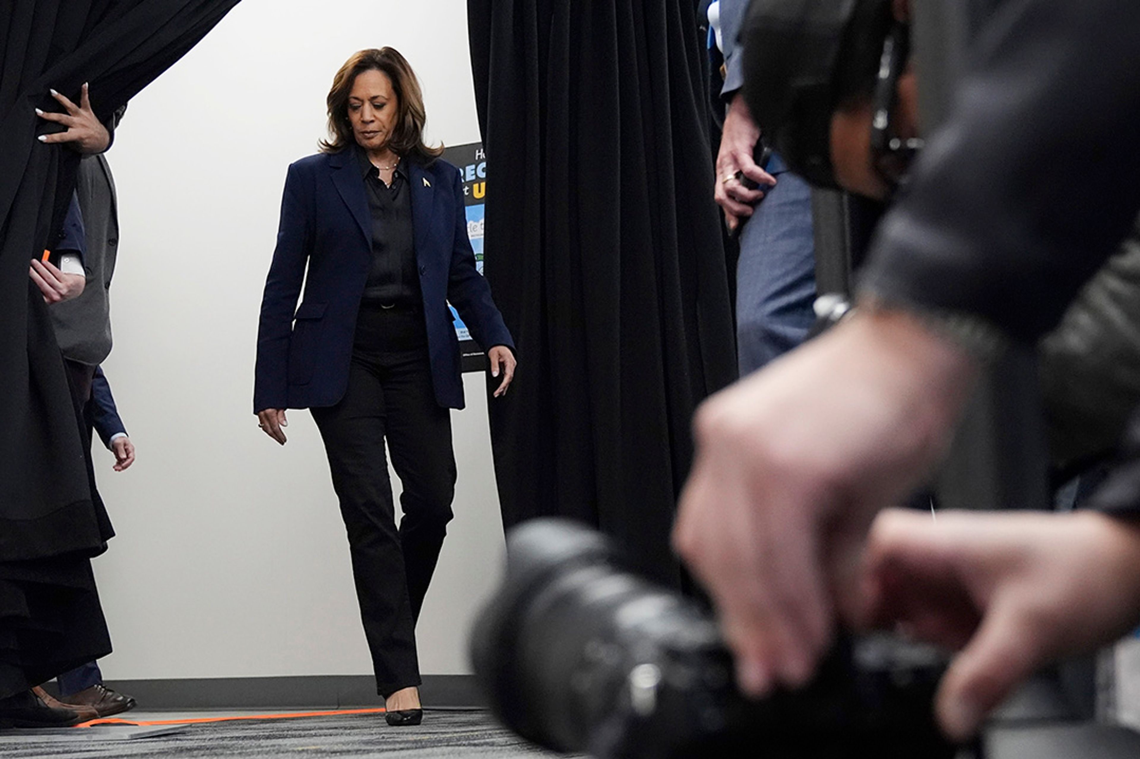 Democratic presidential nominee Vice President Kamala Harris arrives to speak about the killing of Hamas' top leader Yahya Sinwar in a battle with Israeli forces in Gaza, Thursday, Oct. 17, 2024, following a campaign rally at the University of Wisconsin Milwaukee.