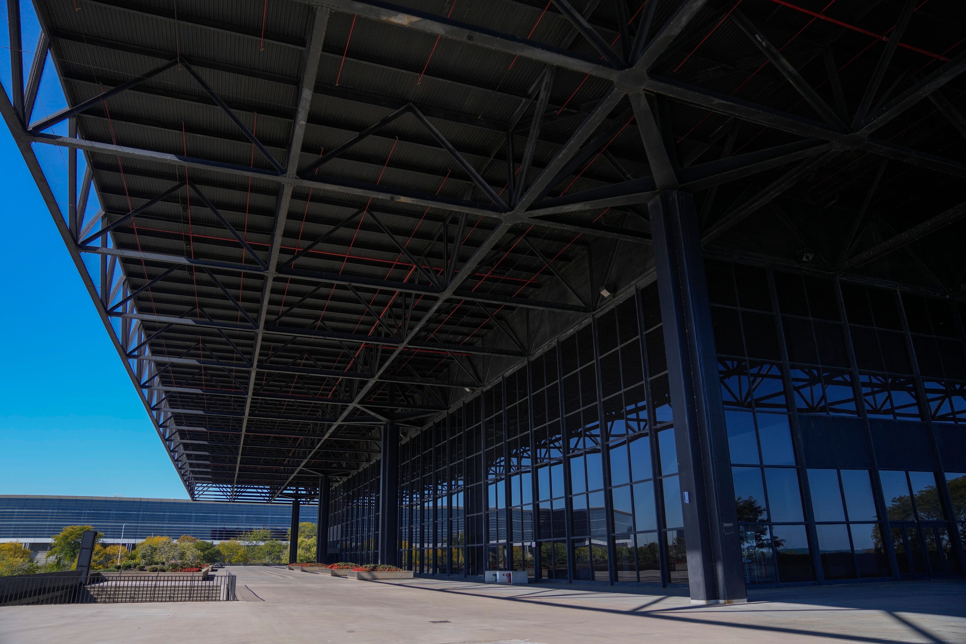 The McCormick Lakeside Center building, which has about two football fields' worth of glass windows, now has bird-safe window film meant to prevent birds from colliding with the glass, particularly during spring and fall migration seasons, Monday, Oct. 7, 2024, in Chicago. (AP Photo/Erin Hooley)