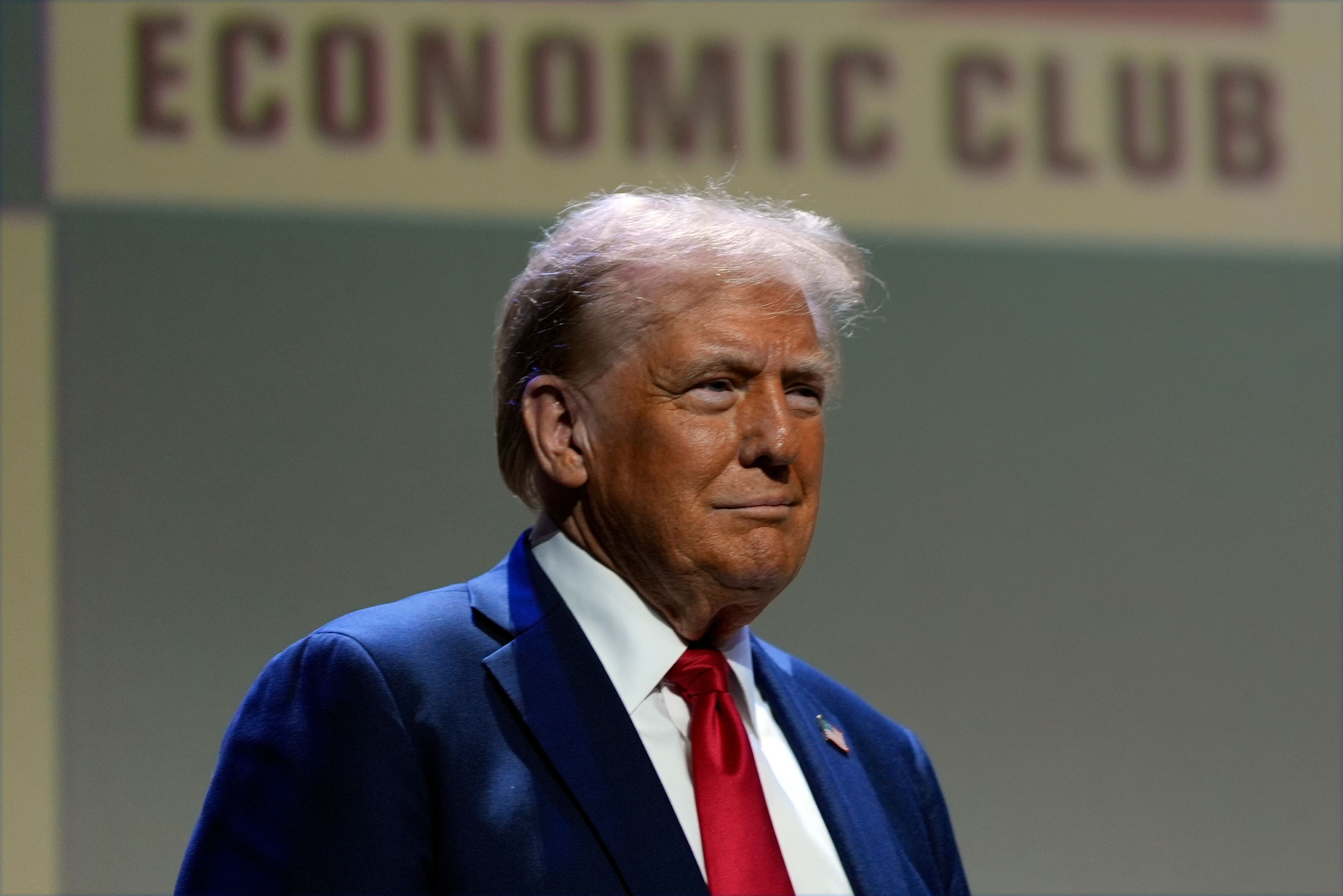 Republican presidential nominee former President Donald Trump arrives to speak at a meeting of the Detroit Economic Club, Thursday, Oct. 10, 2024, in Detroit. (AP Photo/Julia Demaree Nikhinson)