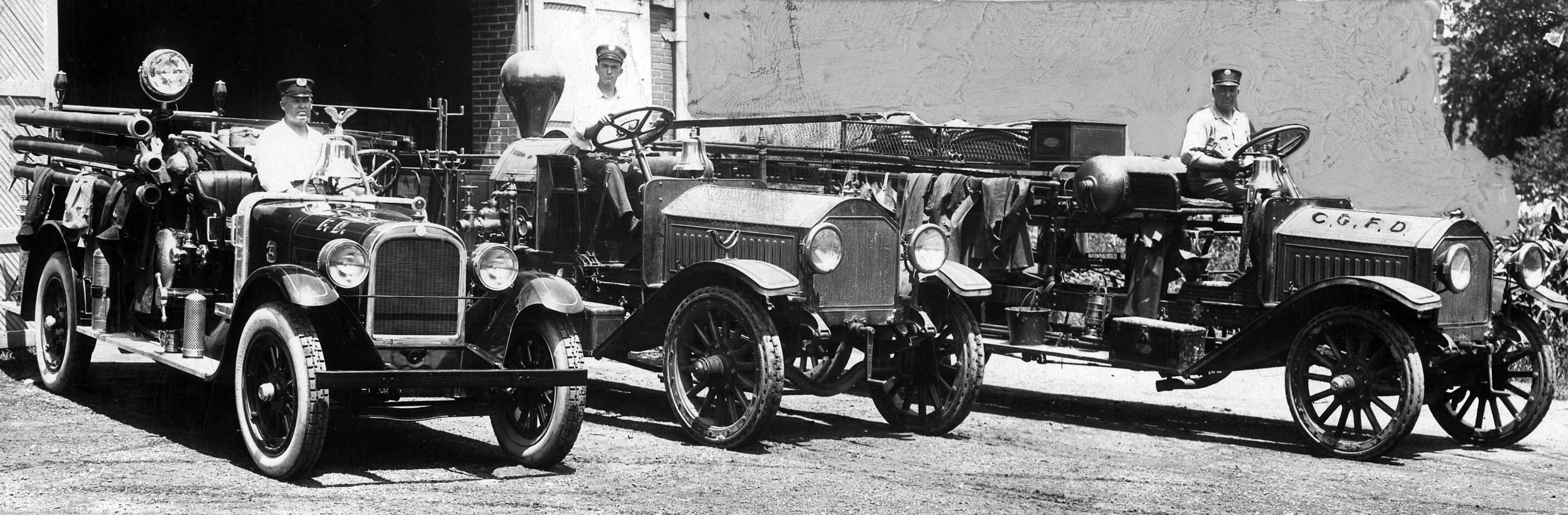 Jumbo, center, was the firsts motorized fire engine in Cape Girardeau. Fire personnel, left to right, are Chief George French, P.L. Niswonger and Robert Tille, 1925.