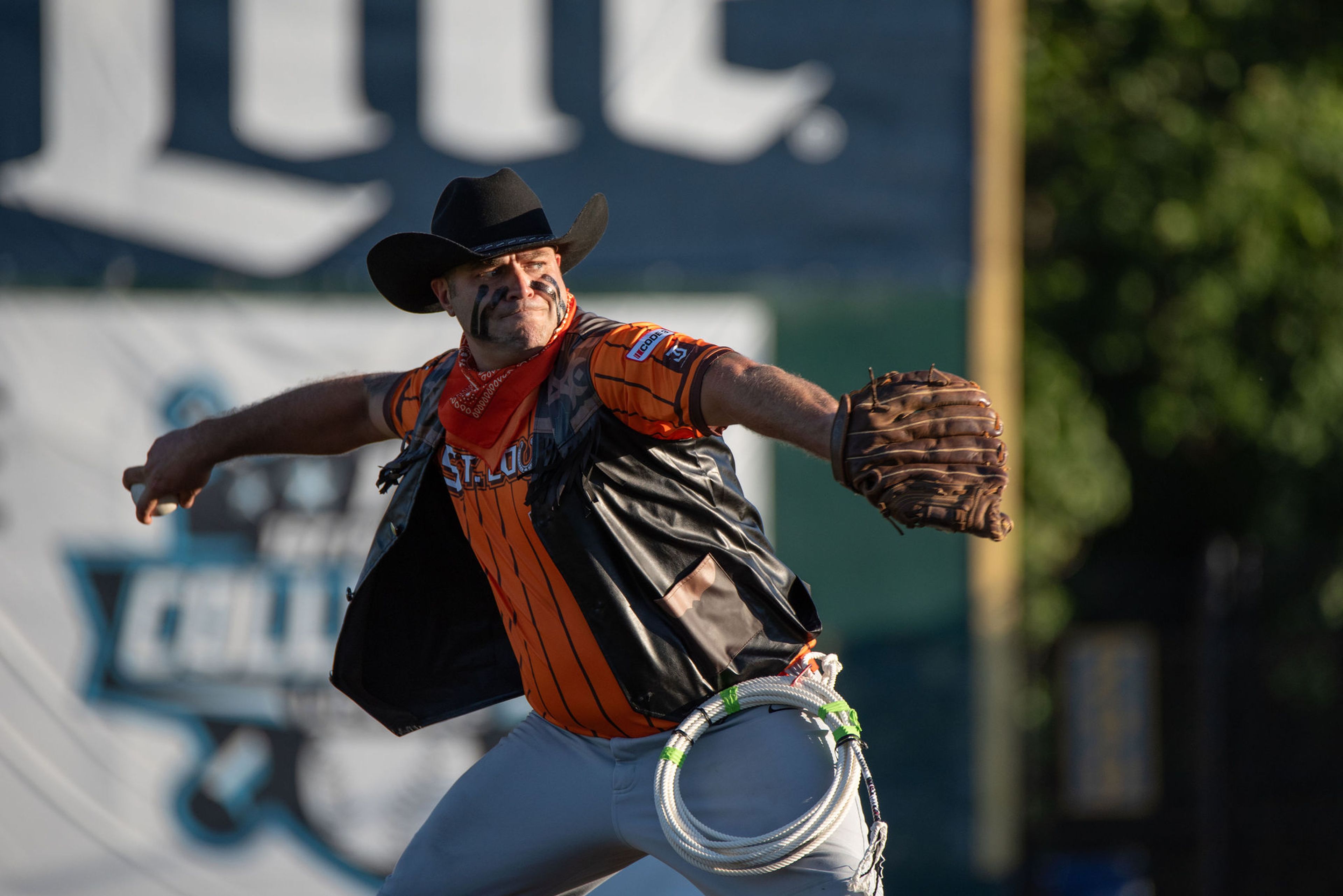 St. Louis Clydesdales pitcher and Pevely Police Department patrolman Brandon Bumbales throws a pitch during the team’s “Hootenanny” exhibition at CarShield Field in O’Fallon. 