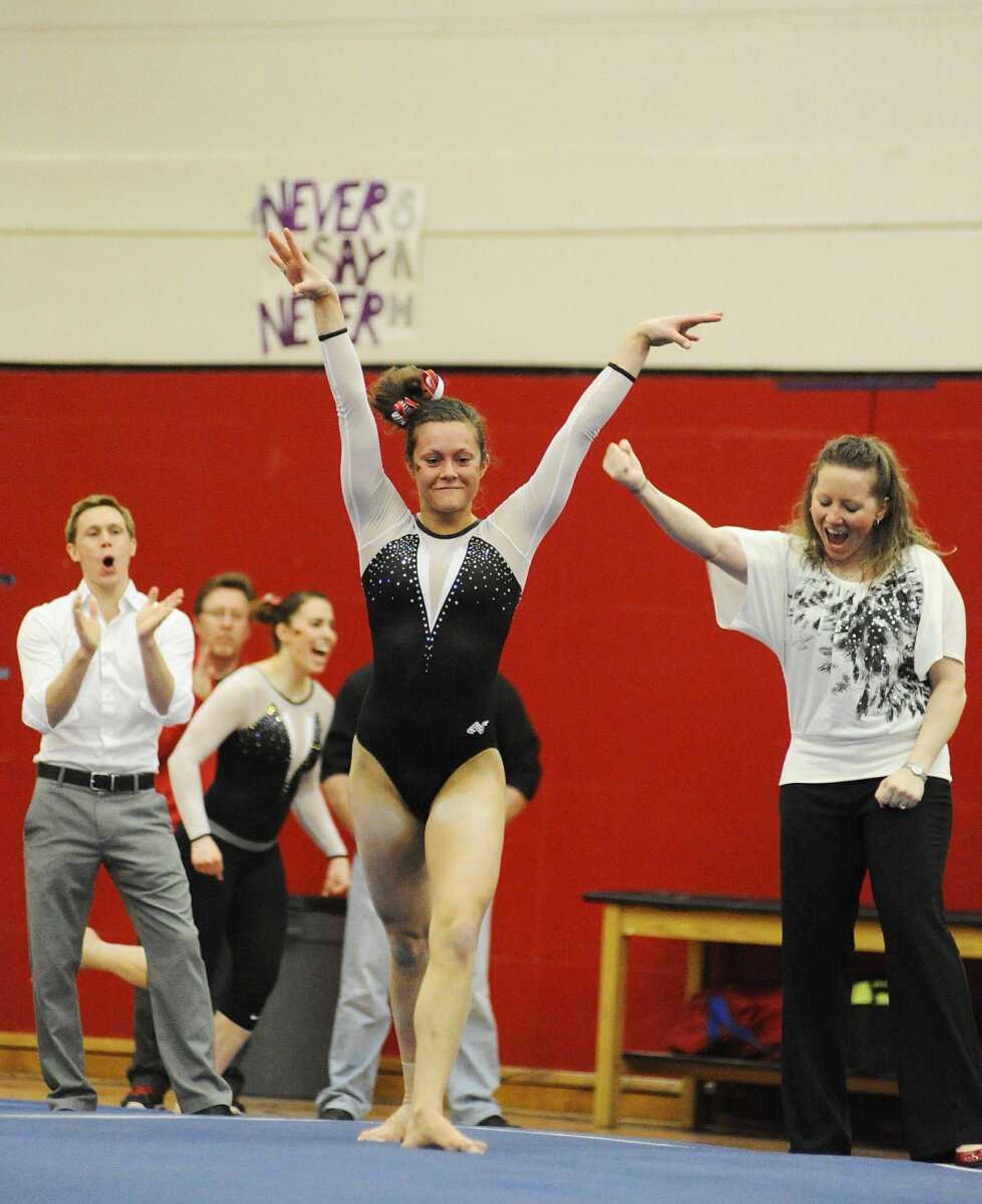 Southeast Missouri State&#8217;s Taryn Vanderpool competes in the floor exercise during the Redhawks&#8217; 194.225-193.875 win over Texas Woman&#8217;s University Pioneers on March 8 at the Houck Field House. Vanderpool won the individual title in the event with a score of 9.850. (ADAM VOGLER)