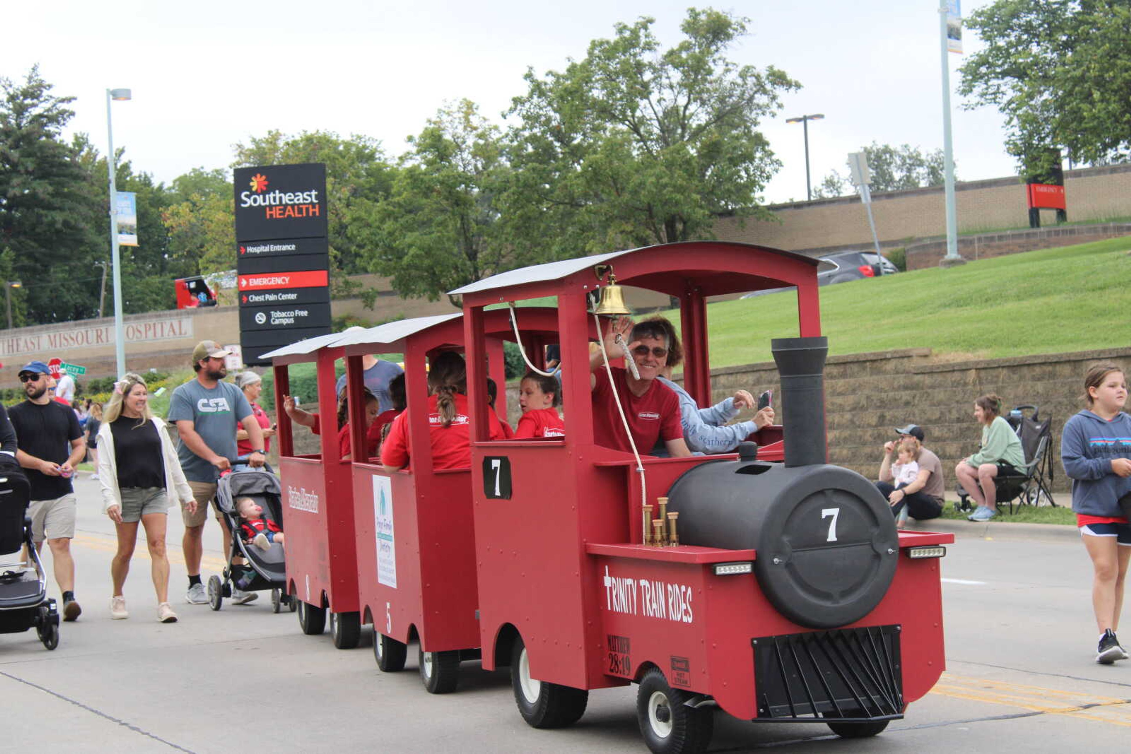 A life-sized wooden train is seen in the SEMO District fair parade.&nbsp;