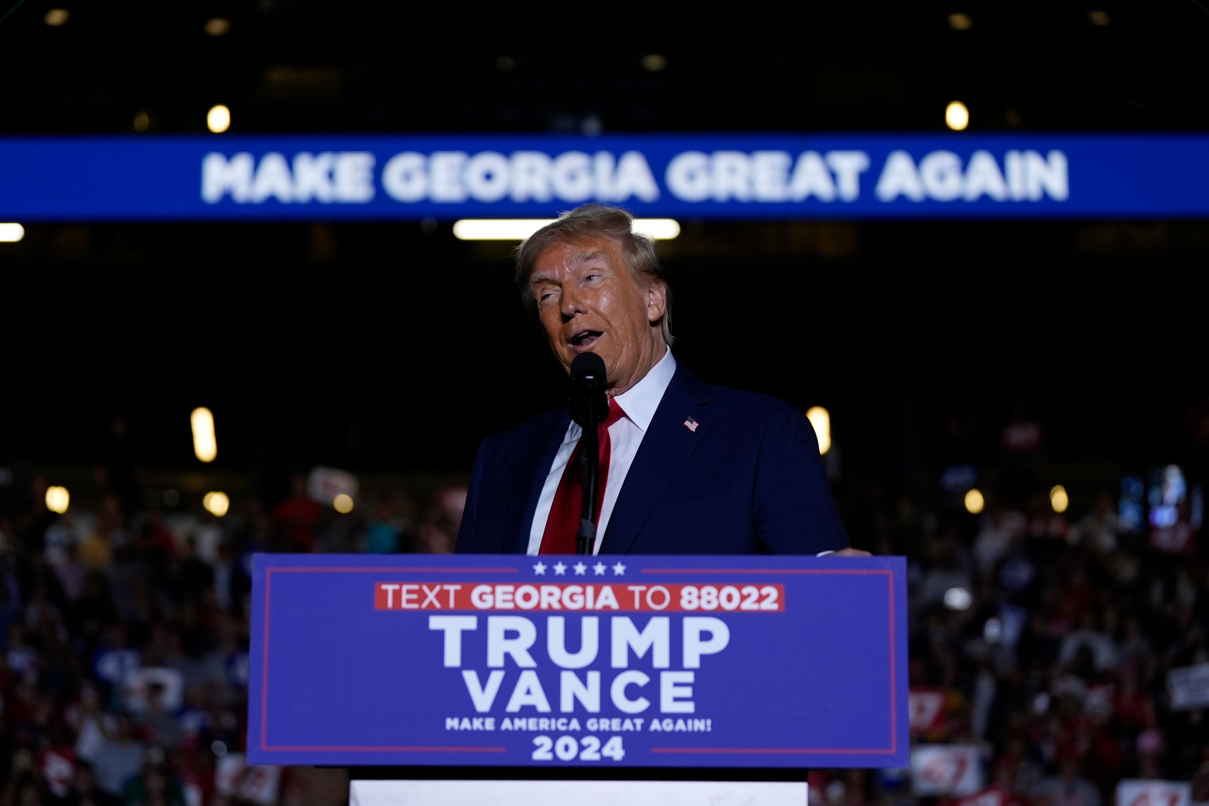 Republican presidential nominee former President Donald Trump speaks at a campaign rally at McCamish Pavilion Monday, Oct. 28, 2024, in Atlanta, Ga. (AP Photo/Julia Demaree Nikhinson)