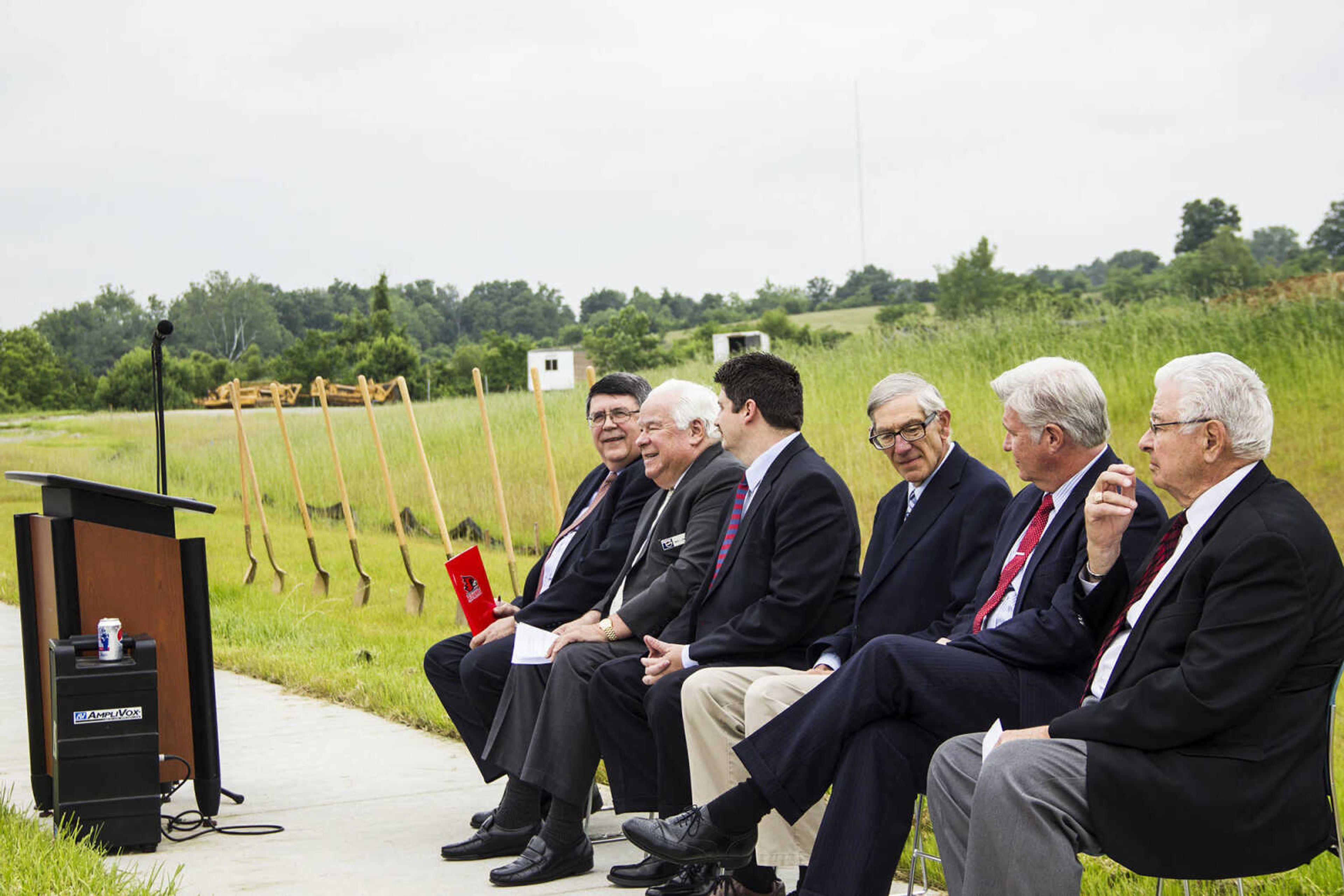 CAROL KELLISON ~ photos@semissourian.com
The panel for the ceremonial groud breaking of the Pepsi Depot plant set to be built in Cape Girardeau. 
(fron left to right) Dr. Kenneth Dobbins, Harry L. Crisp II, Pastor Jim Rudolph, Reverend Sam Roethmeyer, Jason Archer, Harry Rediger