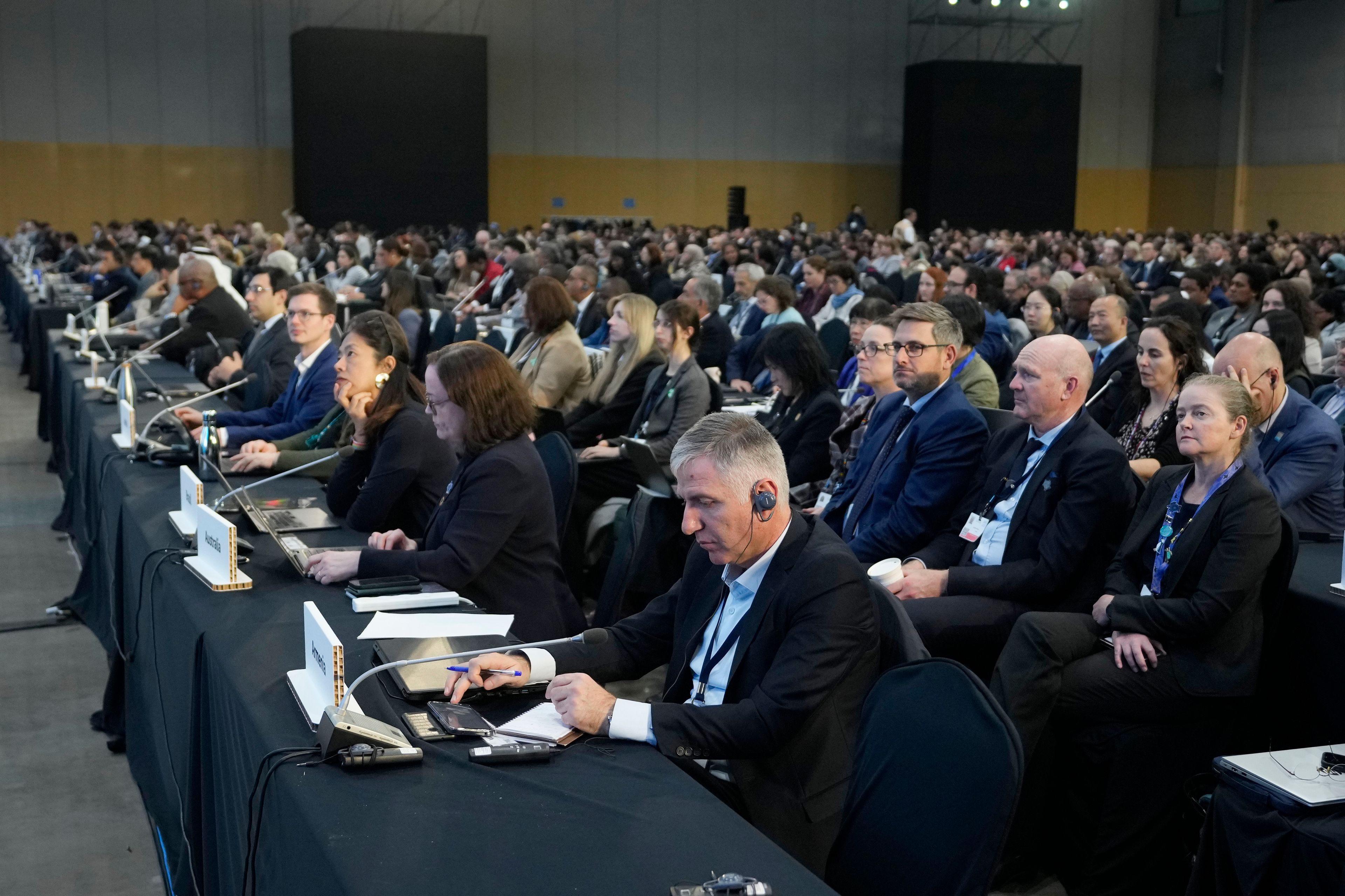 Delegates attend a plenary of the fifth session of the Intergovernmental Negotiating Committee on Plastic Pollution in Busan, South Korea, Sunday, Dec. 1, 2024. (AP Photo/Ahn Young-joon)