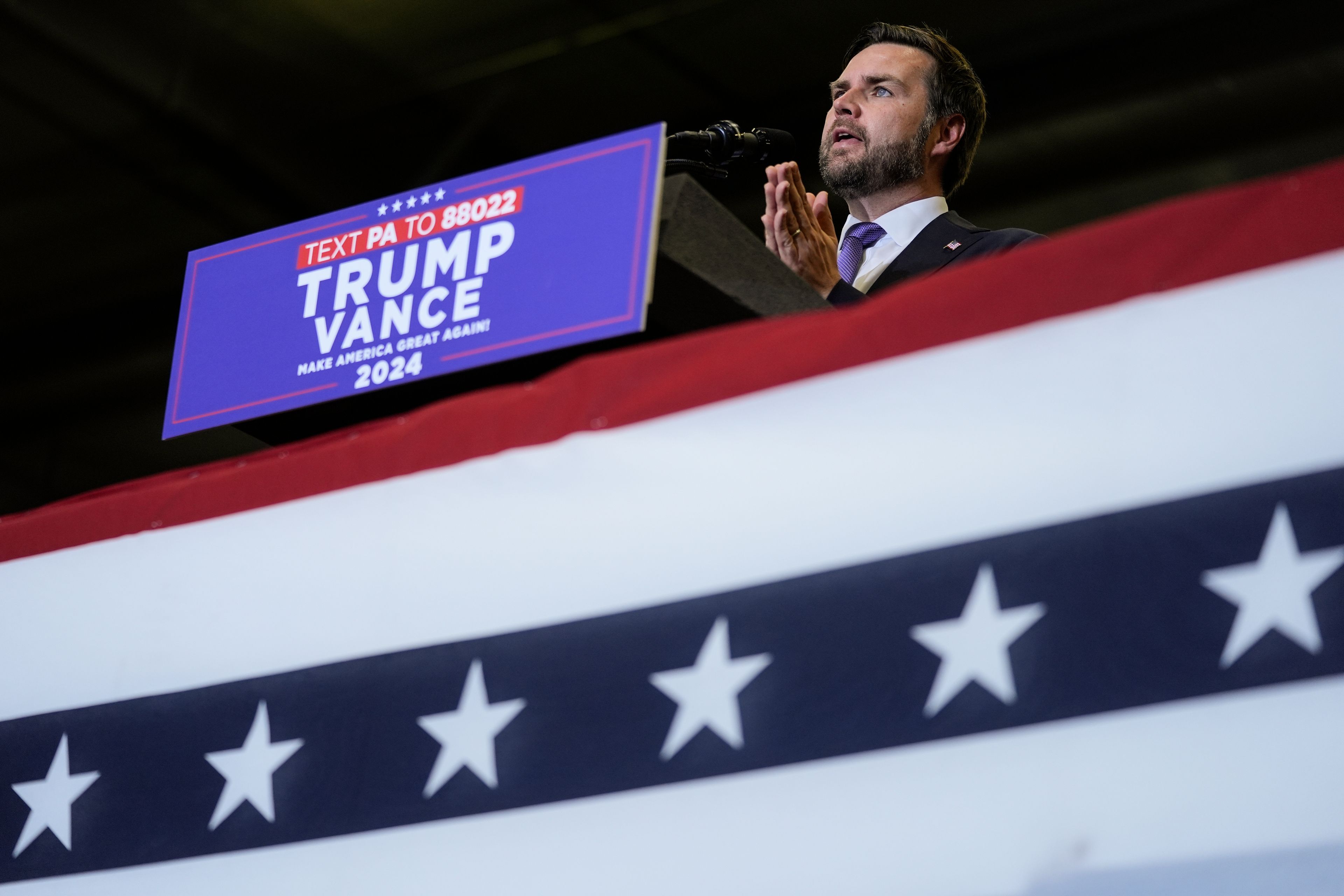 Republican vice presidential nominee Sen. JD Vance, R-Ohio, speaks during a campaign event, Wednesday, Oct. 16, 2024, in Williamsport, Pa. (AP Photo/Matt Rourke)