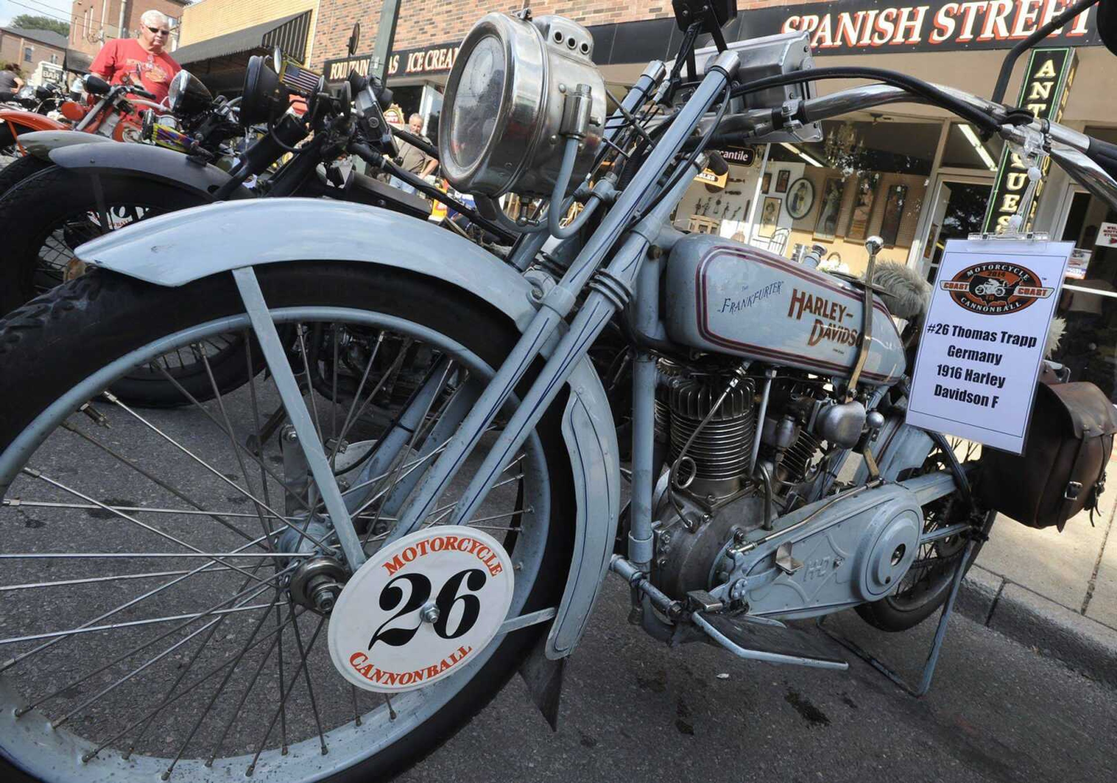 A 1916 Harley Davidson F owned by Thomas Trapp of Germany is displayed for the Motorcycle Cannonball Endurance Run on Tuesday in Cape Girardeau. (Fred Lynch)