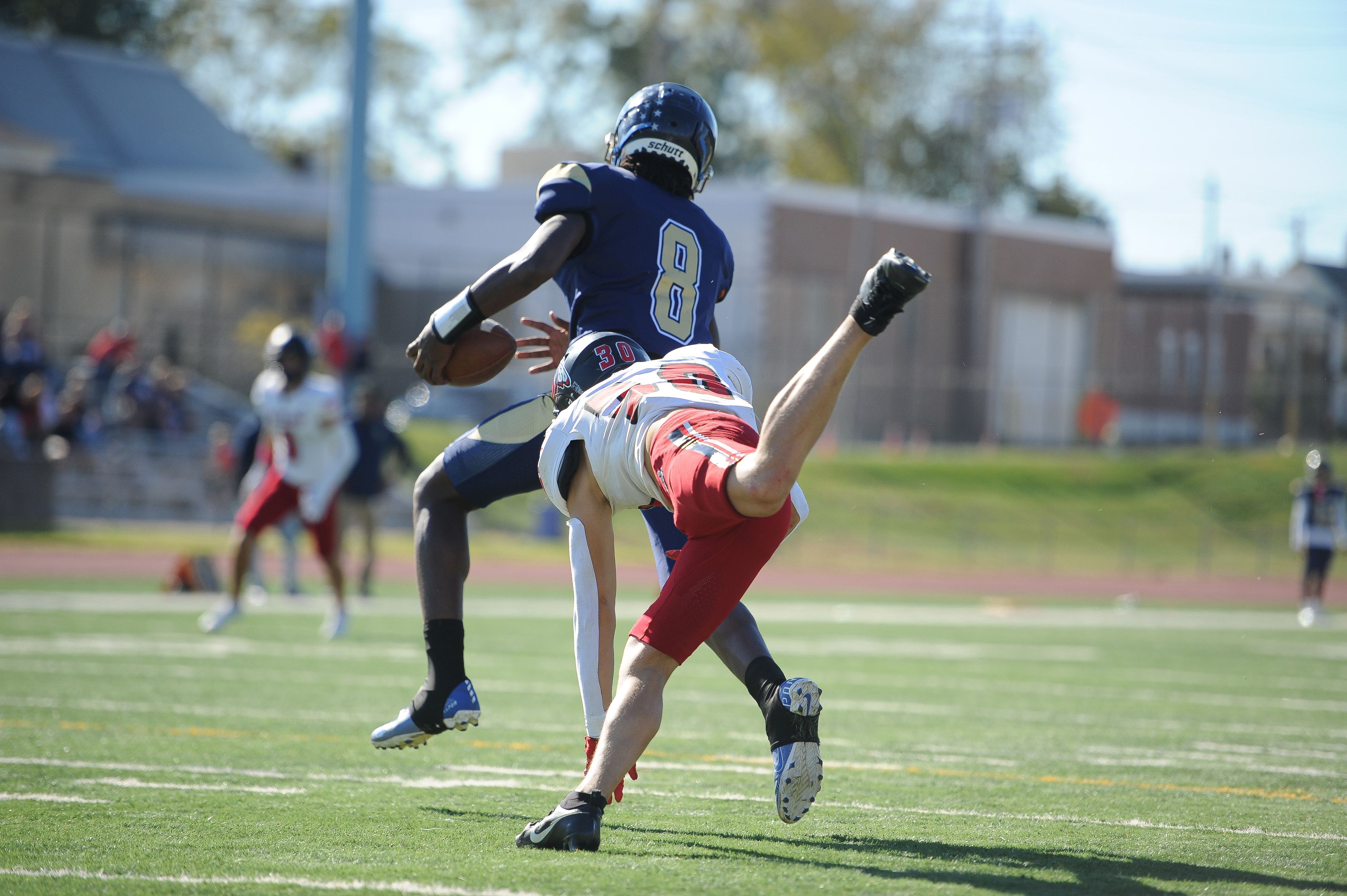 Jackson's Lukas Cox's tackle is stripped during a Saturday, October 19, 2024 game between the Miller Career/Vashon Phoenix and the Jackson Indians at Gateway STEM High School in St. Louis. Jackson defeated Miller Career, 55-14.