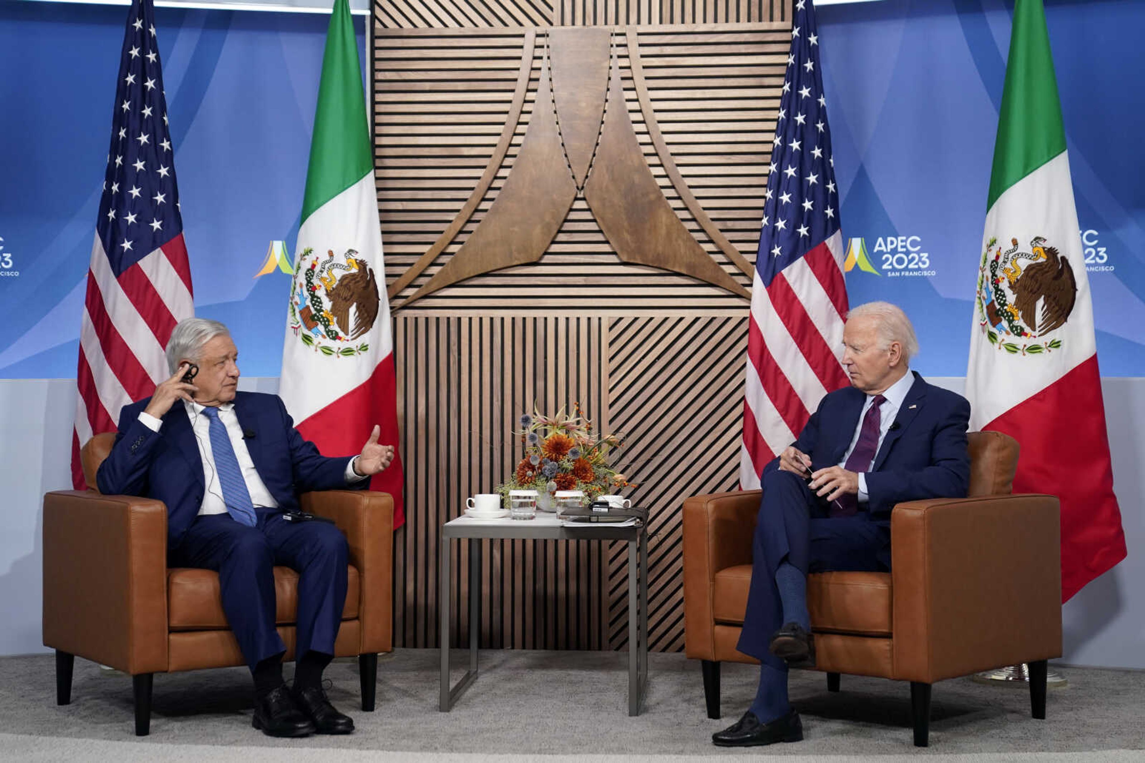 President Joe Biden meets with Mexico's President Andres Manuel L--pez Obrador at the Asia-Pacific Economic Cooperative summit, Friday, Nov. 17, 2023, in San Francisco. (AP Photo/Evan Vucci)