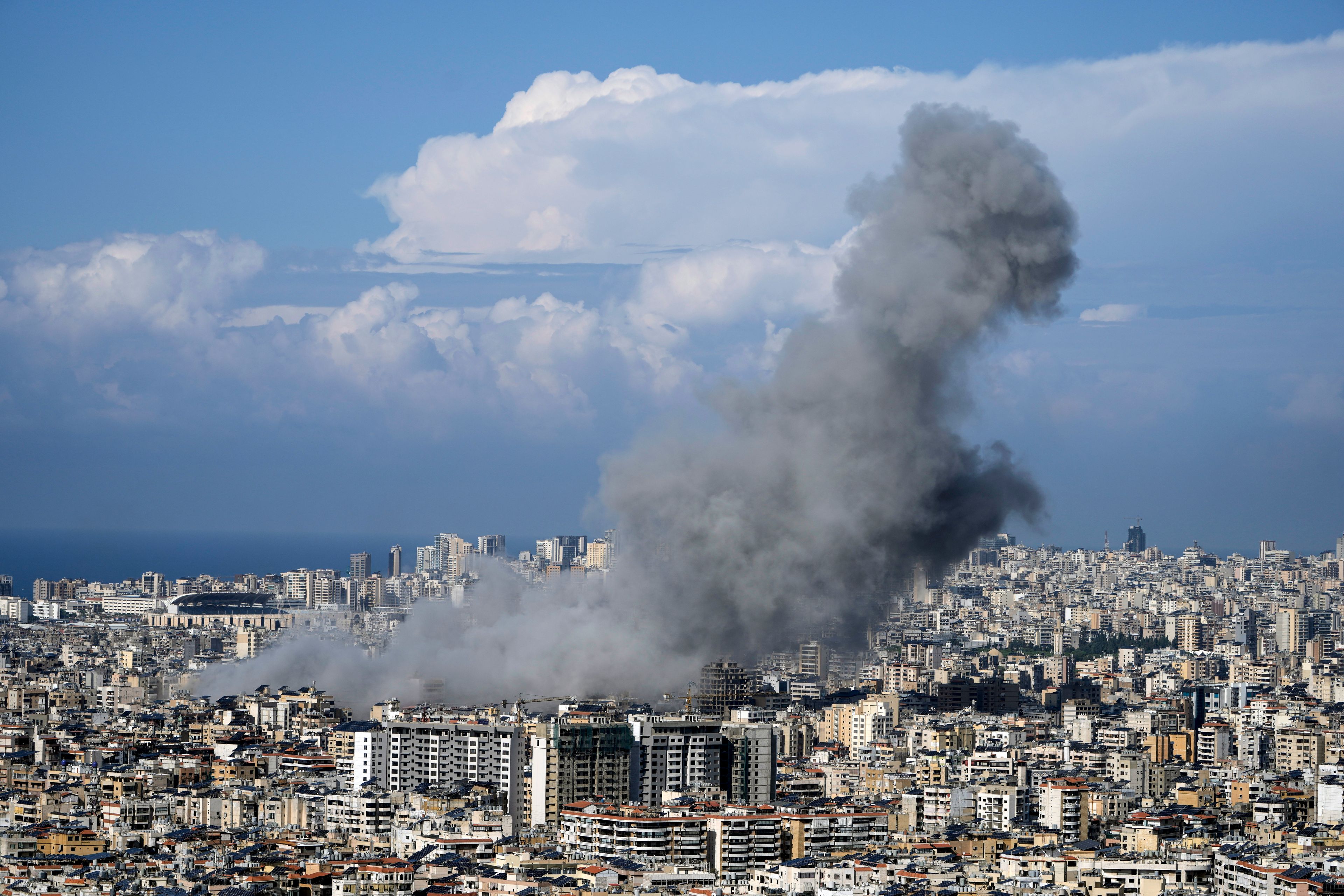 Smoke rises after an Israeli airstrike on Dahiyeh, in the southern suburb of Beirut, Lebanon, Tuesday, Nov. 12, 2024. (AP Photo/Bilal Hussein)