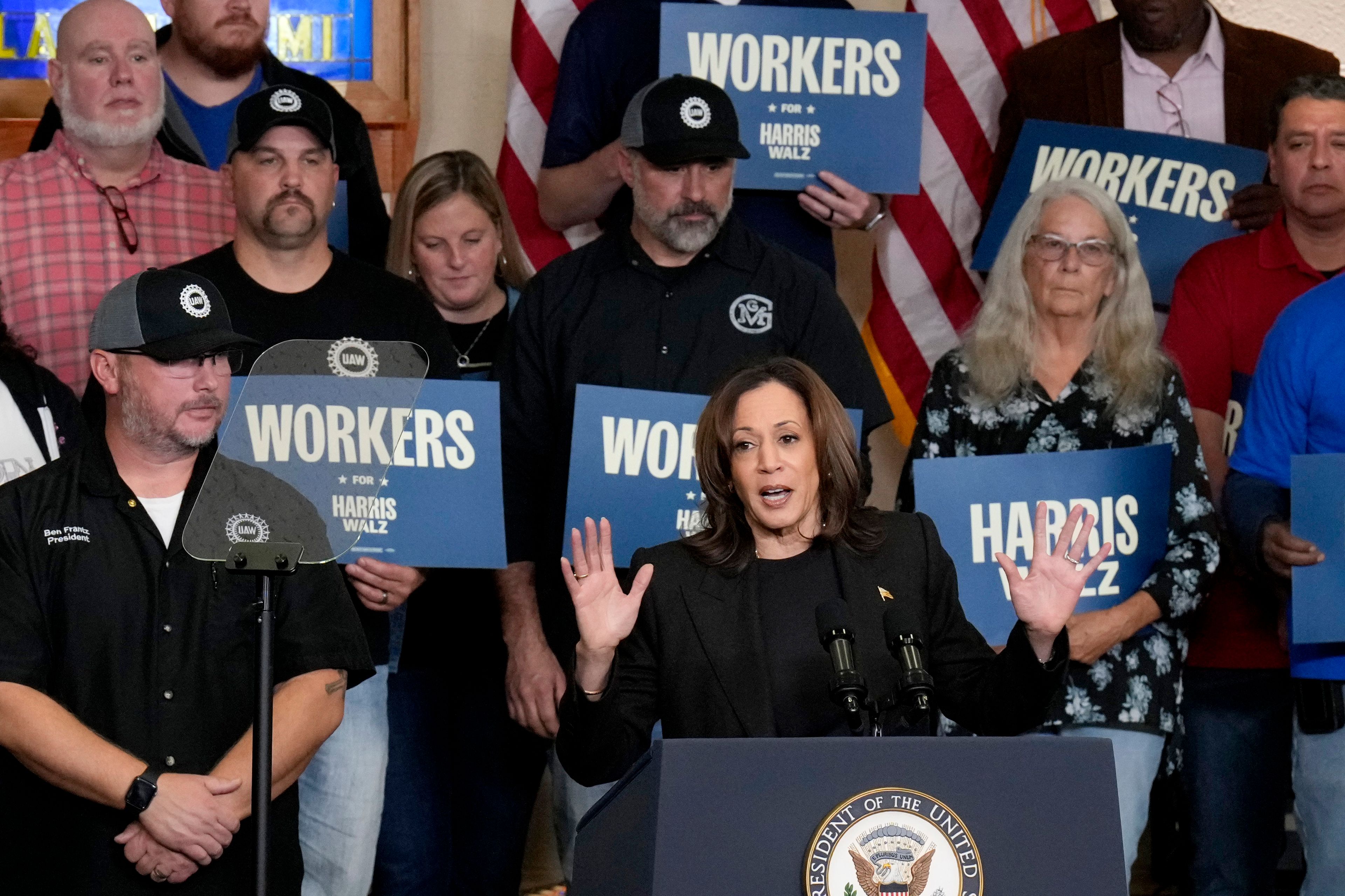 Democratic presidential nominee Vice President Kamala Harris speaks at UAW Local 652 during a campaign event in Lansing, Mich., Friday, Oct. 18, 2024. (AP Photo/Jacquelyn Martin)