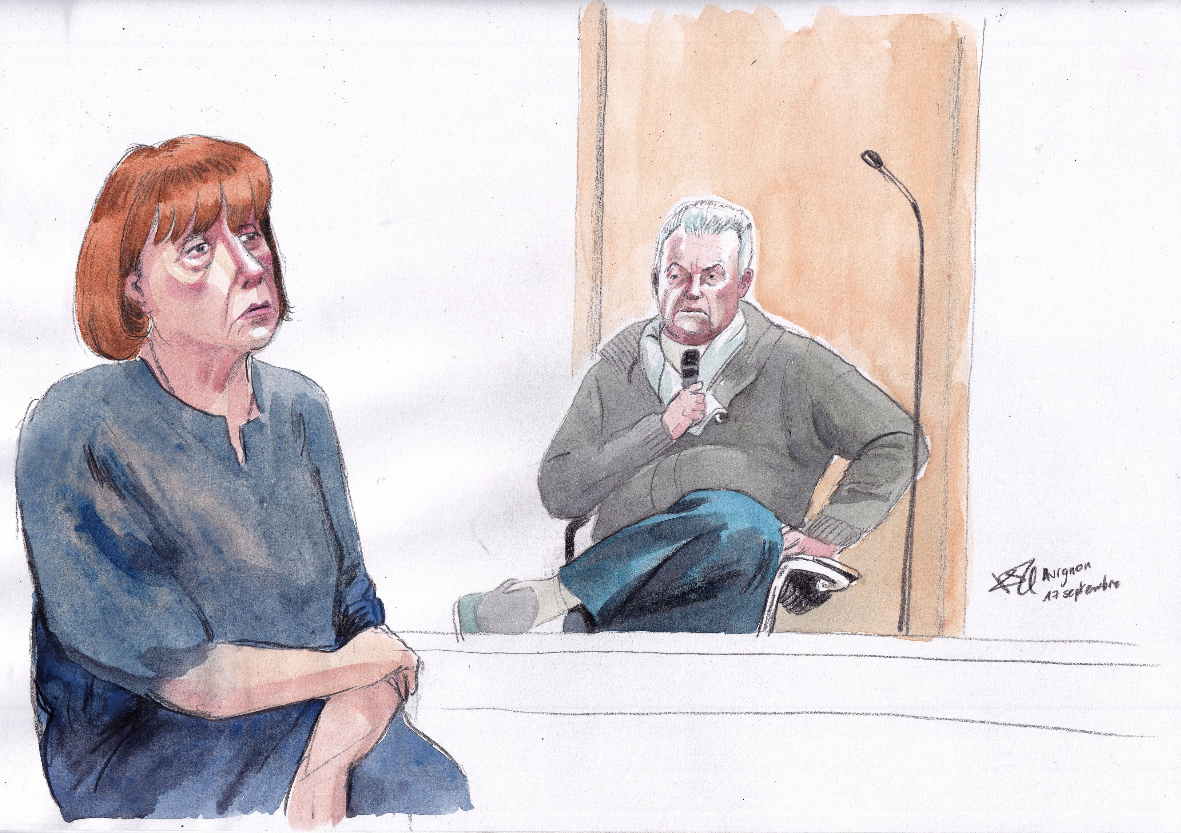 This courtroom sketch by Valentin Pasquier shows Gisèle Pelicot, left, and her ex-husband Dominique Pelicot, right, during his trial, at the Avignon court house, in Avignon, southern France, Tuesday, Sept. 17, 2024. (AP Photo/Valentin Pasquier)