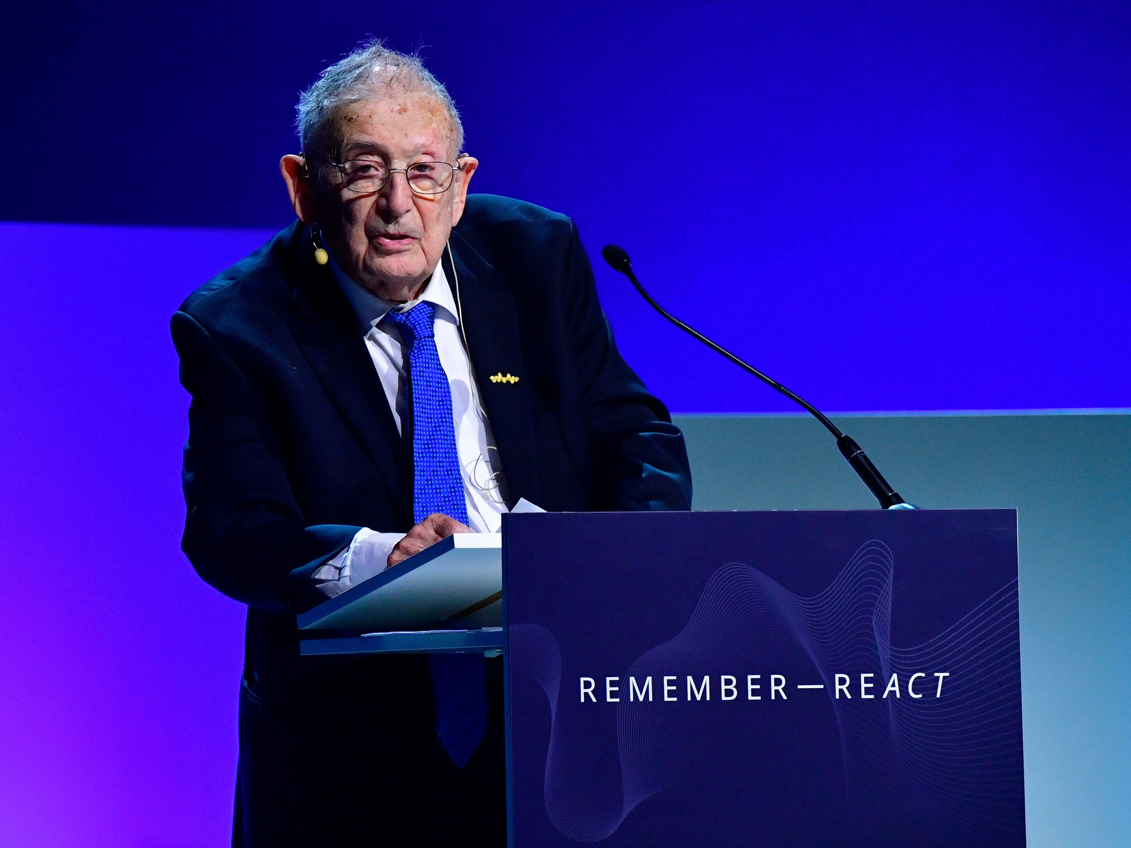 FILE - Professor Yehuda Bauer speaks during the Malmo International Forum on Holocaust Remembrance and Combating Antisemitism - REACT in Malmo, Sweden, Oct. 13, 2021. Bauer has died at the age of 98. (Jonas Ekstromer/TT News Agency via AP, File)