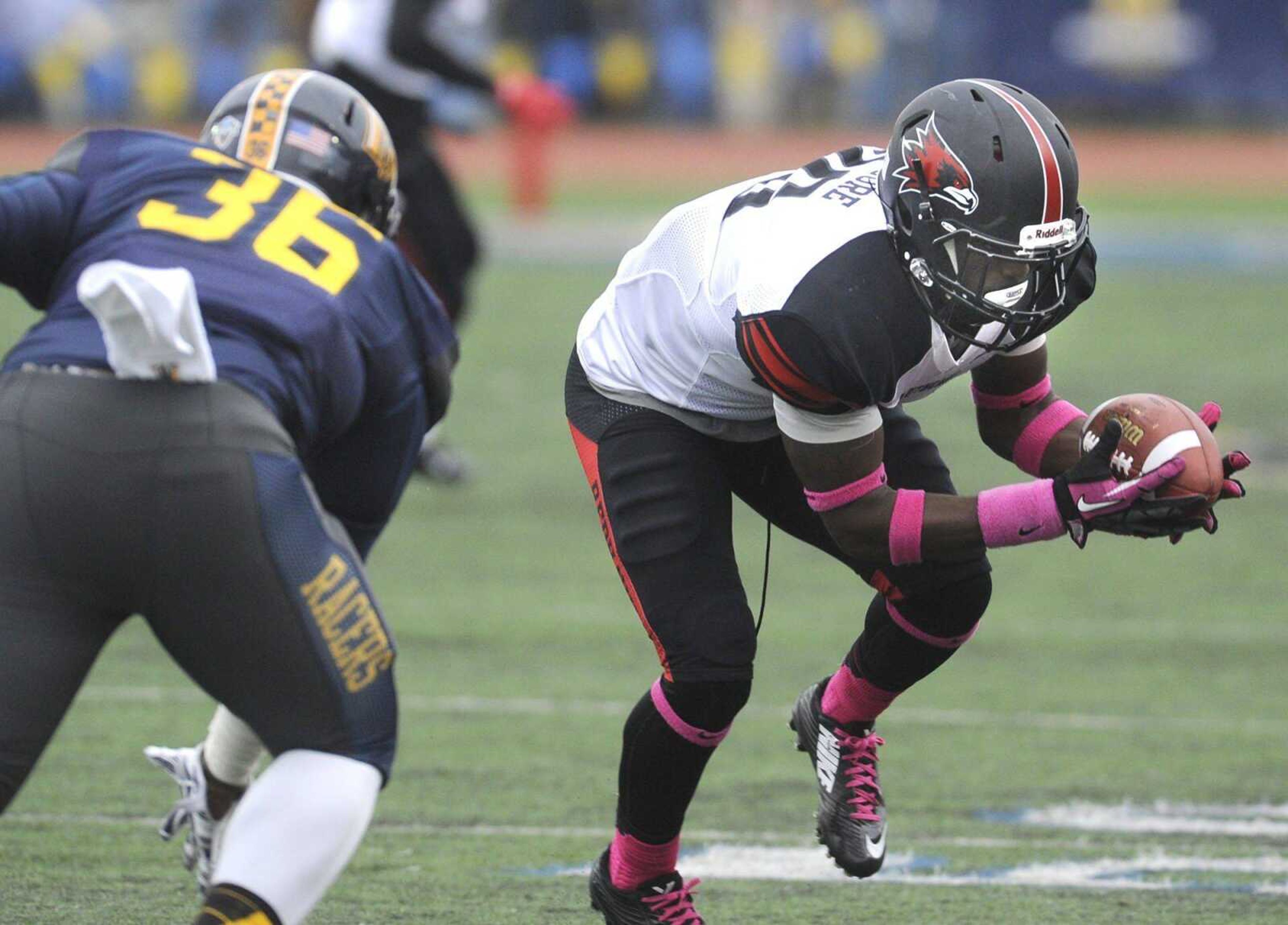 Southeast Missouri State&#8217;s Eriq Moore intercepts a pass by Murray State quarterback KD Humphries during the first quarter Saturday in Murray, Kentucky. (Fred Lynch)