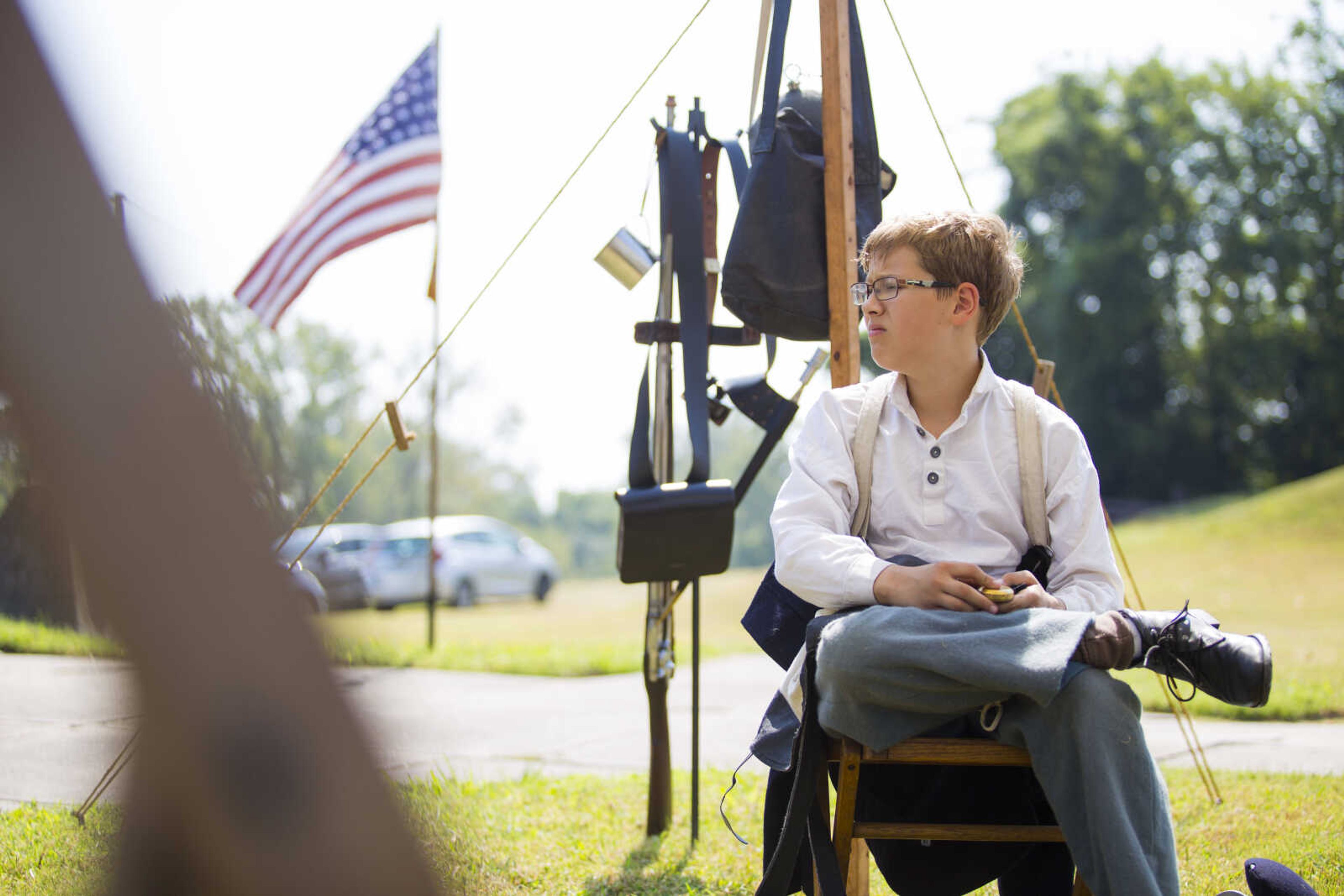 Civil War reenactor Andrew Porter, 11, of Marble Hill looks towards Fort D during a living history demonstration Sept. 4, 2017, at Fort D Historic Site in Cape Girardeau, Missouri. Porter has participated in reenactments for three years.