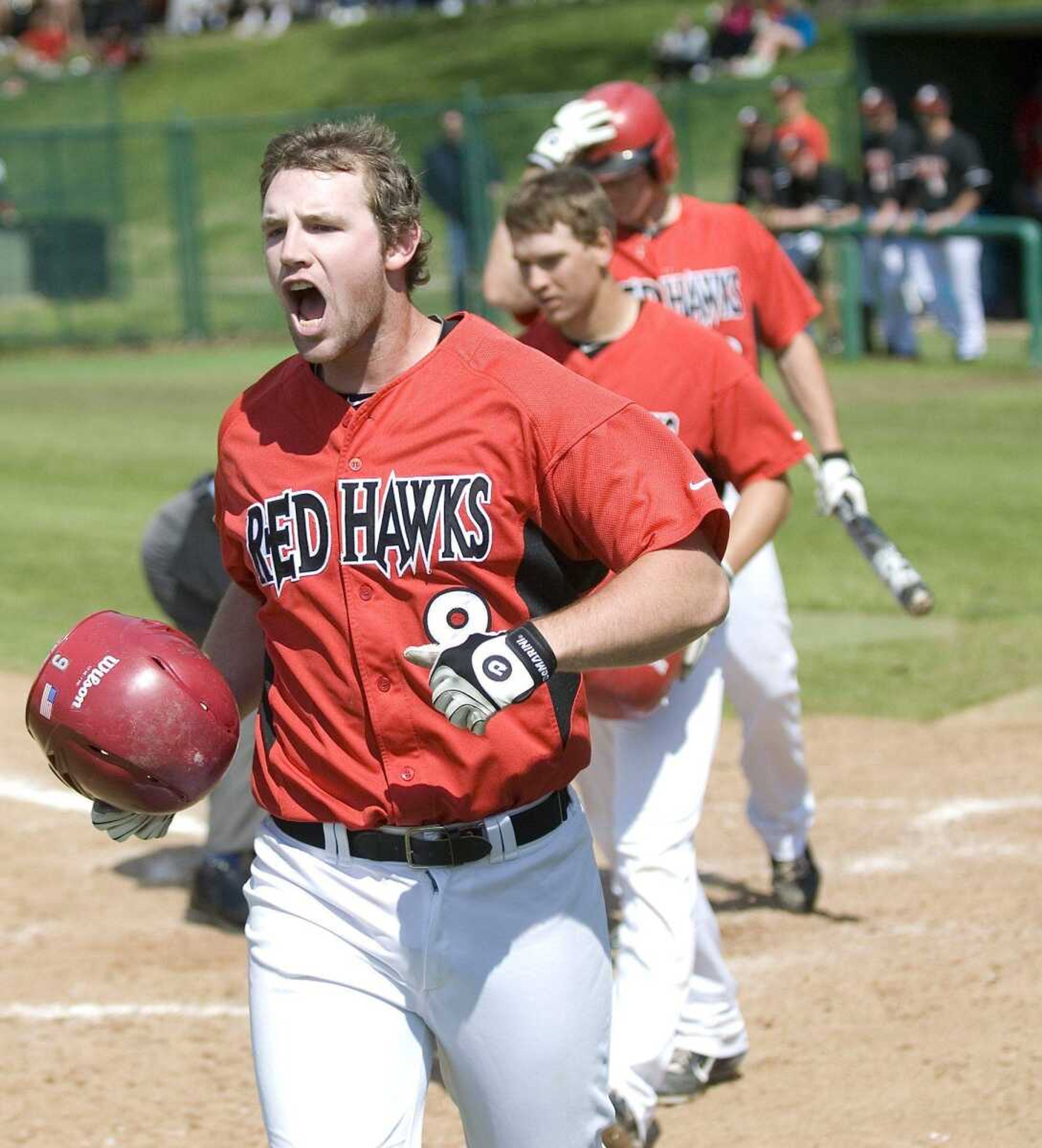 Southeast Missouri State third baseman Trenton Moses celebrates his two-run home run during the third inning.