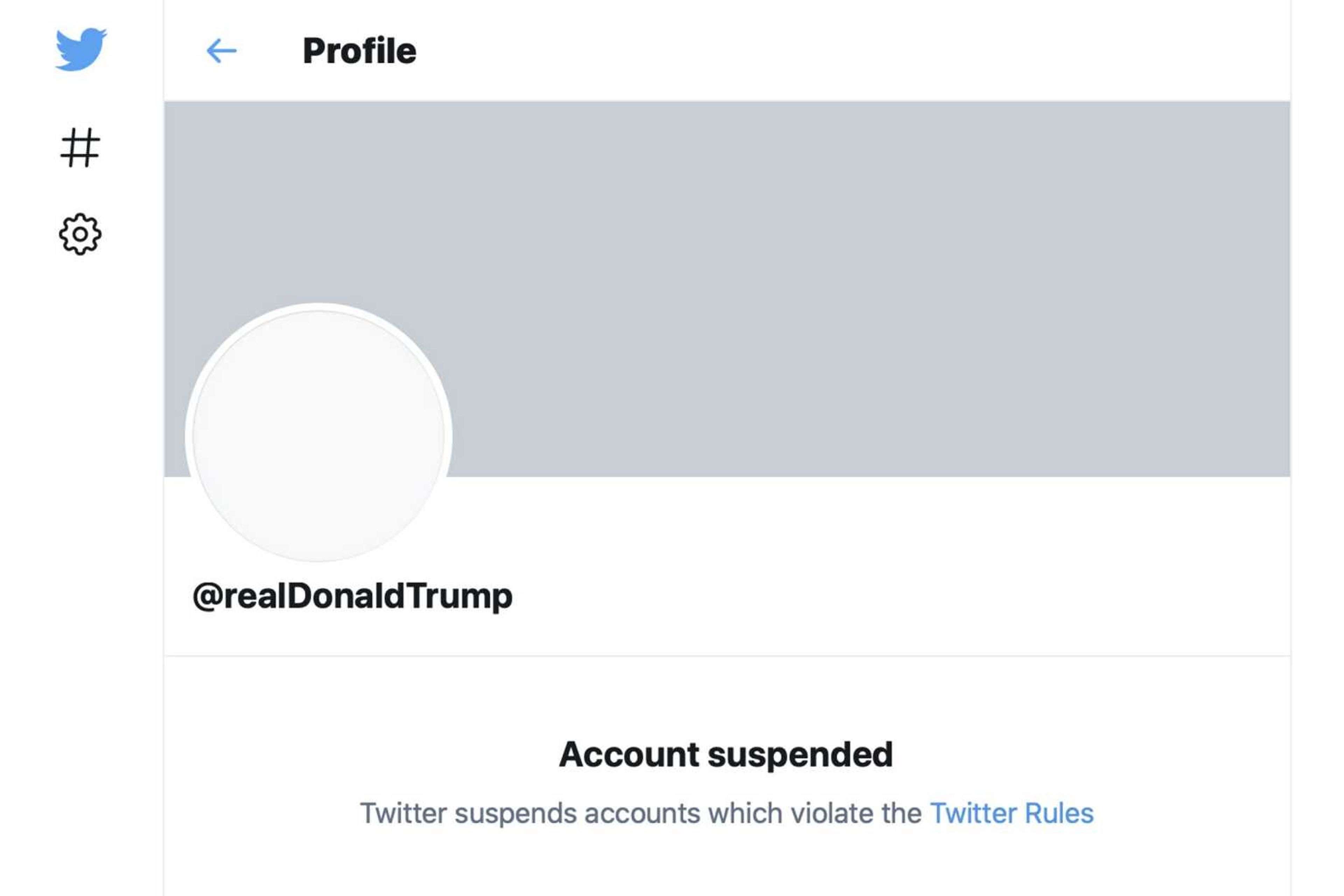 The suspended Twitter account of President Donald Trump is seen Jan. 8. Twitter and Facebook silenced Trump on their platforms on their platforms after the Jan. 6 insurrection at the U.S. Capitol.